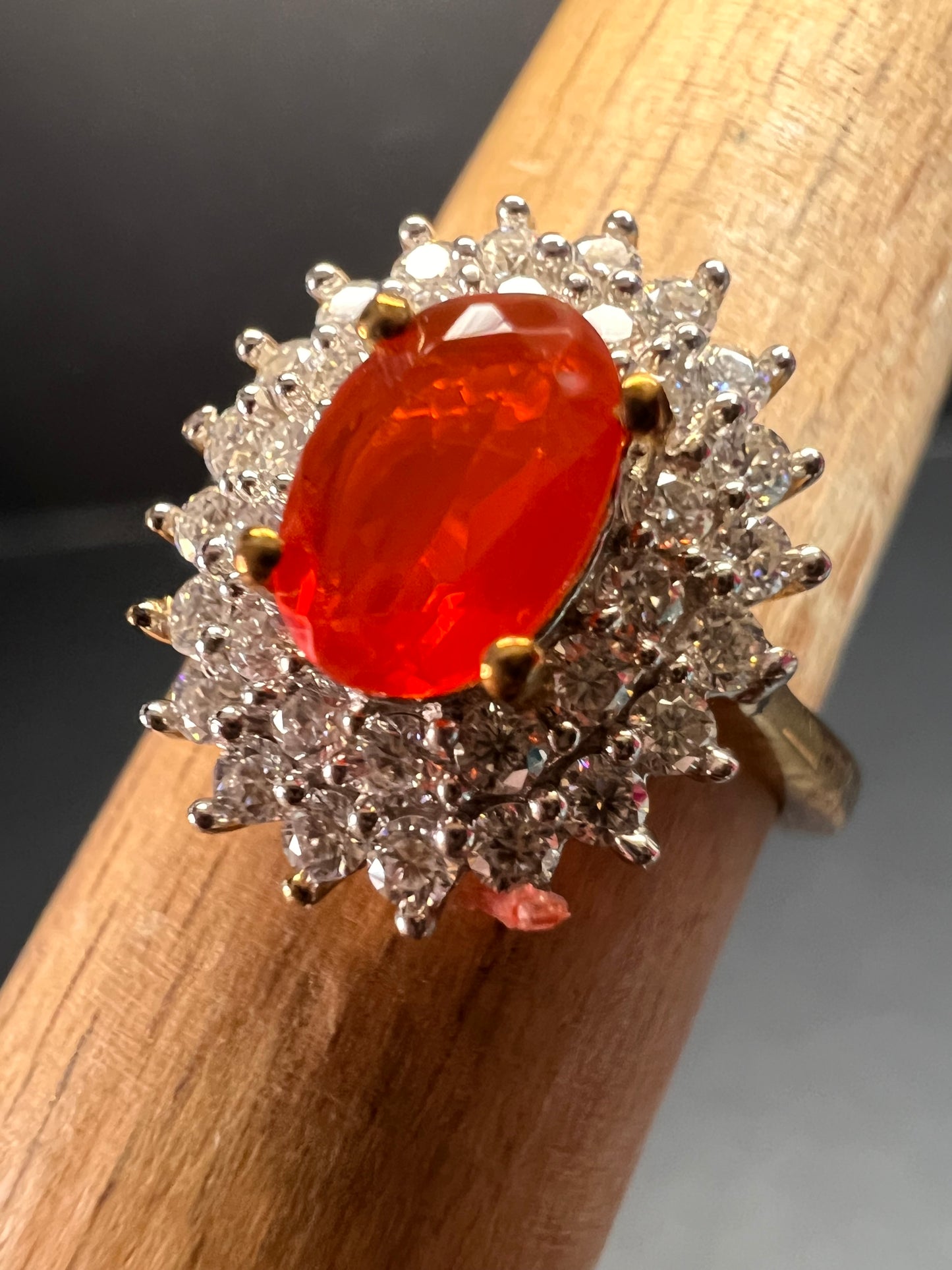 NEW Mexican Cherry fire opal and moissanite double halo ring in vermeil yellow gold over sterling silver size 5