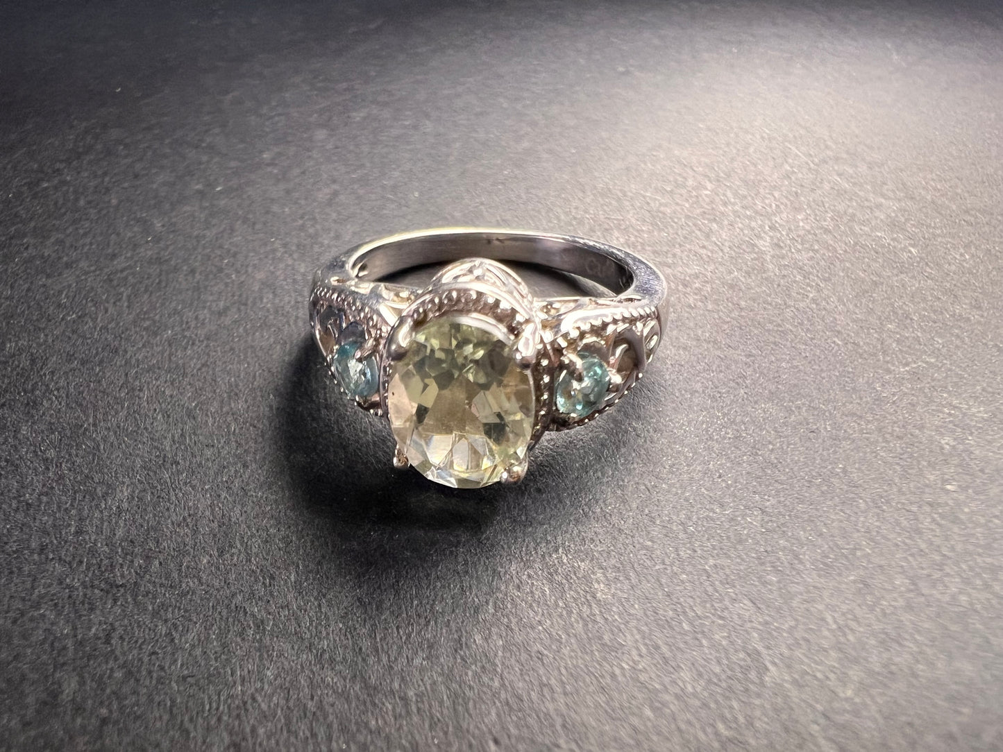 Prasiolite and apatite ring in platinum over copper size 8