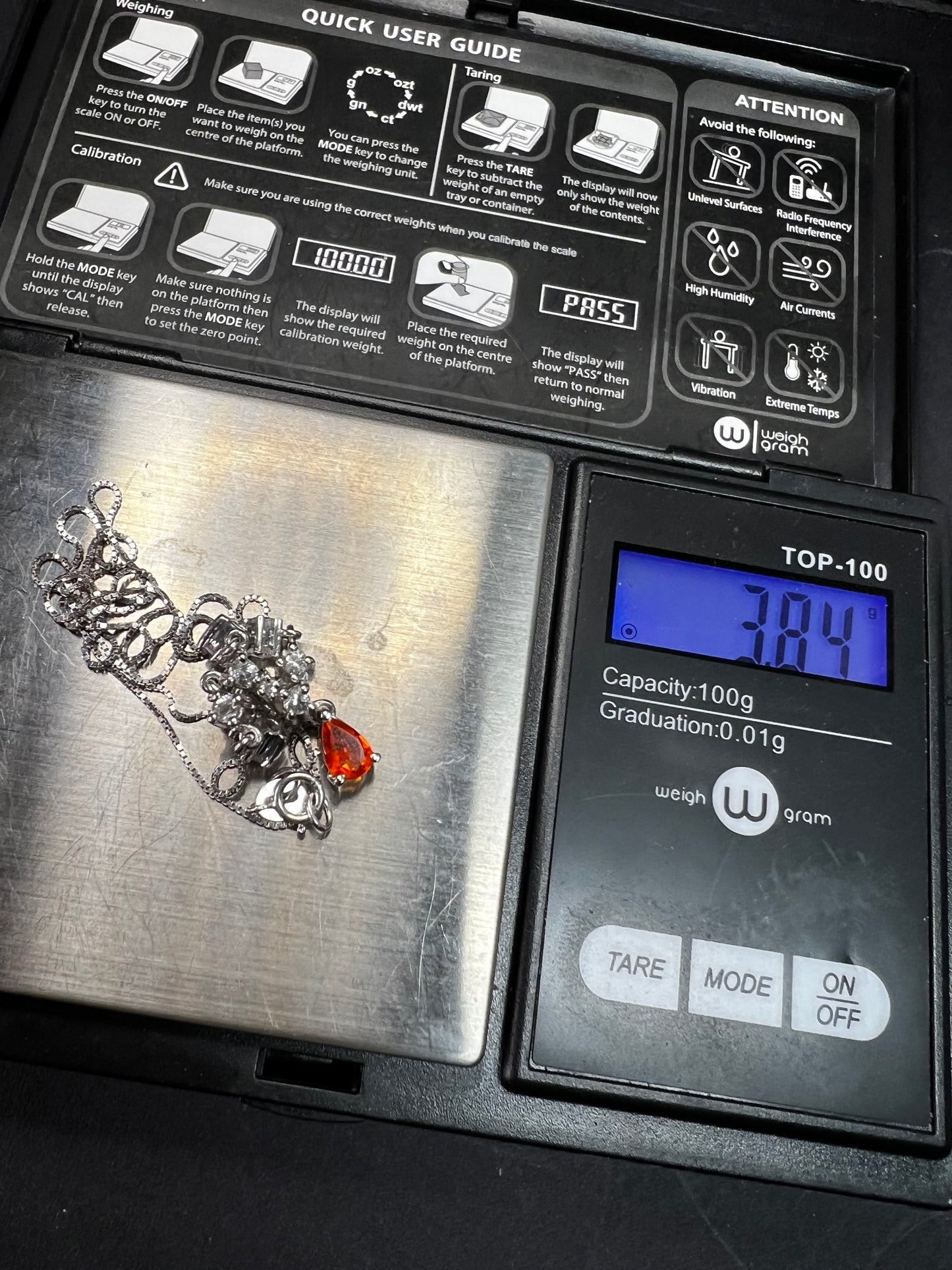 Vintage Sterling Silver Mexican Fire Opal & White Topaz Y Necklace