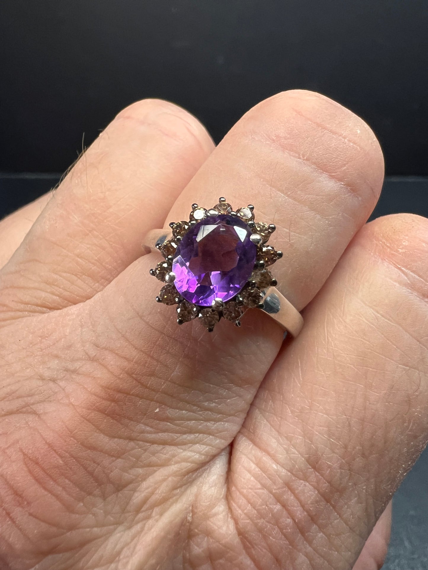 NEW Rose de France and brown zircon halo ring in platinum over sterling silver size 8