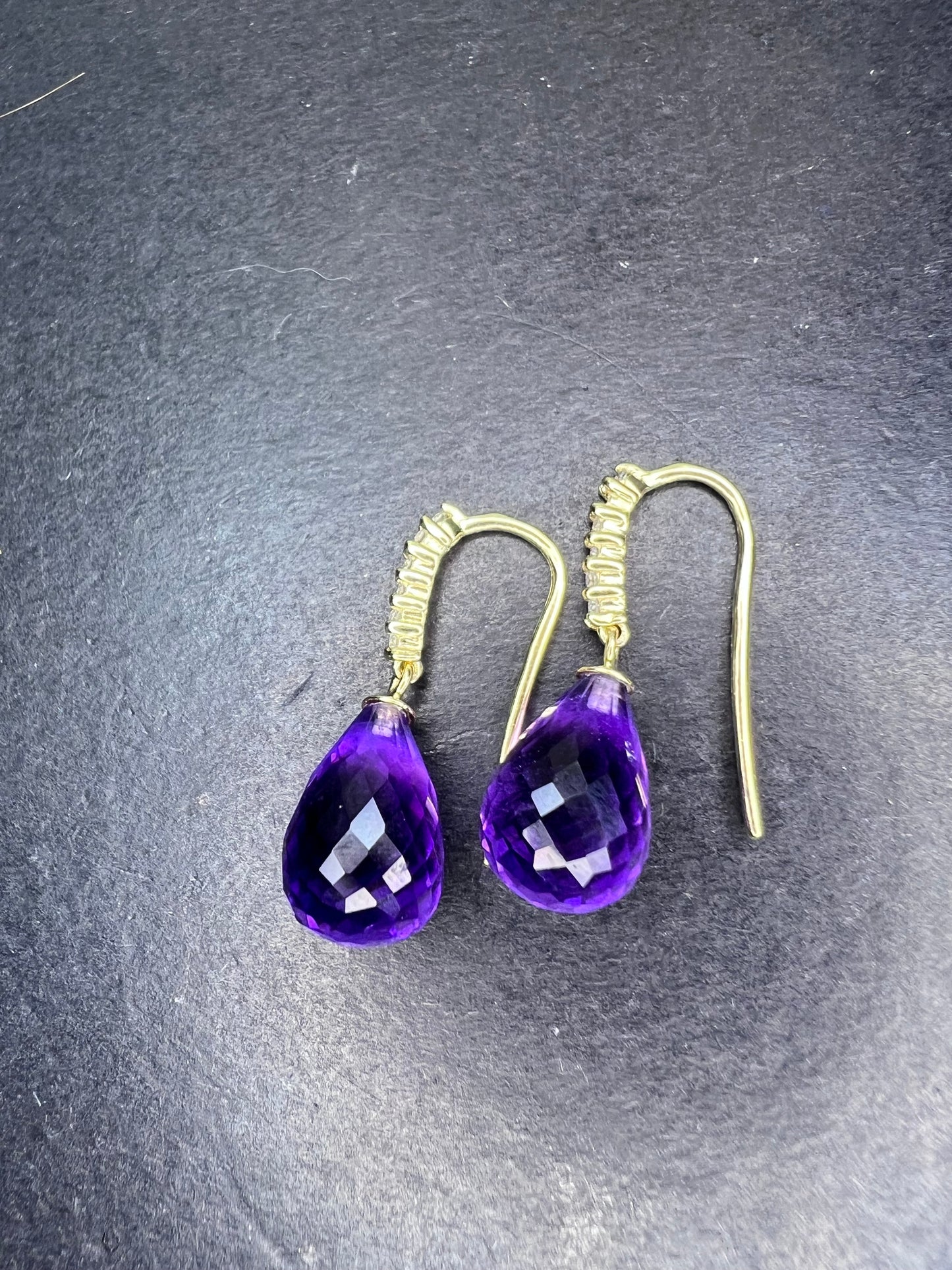 14k gold amethyst briolette and diamond dangle earrings