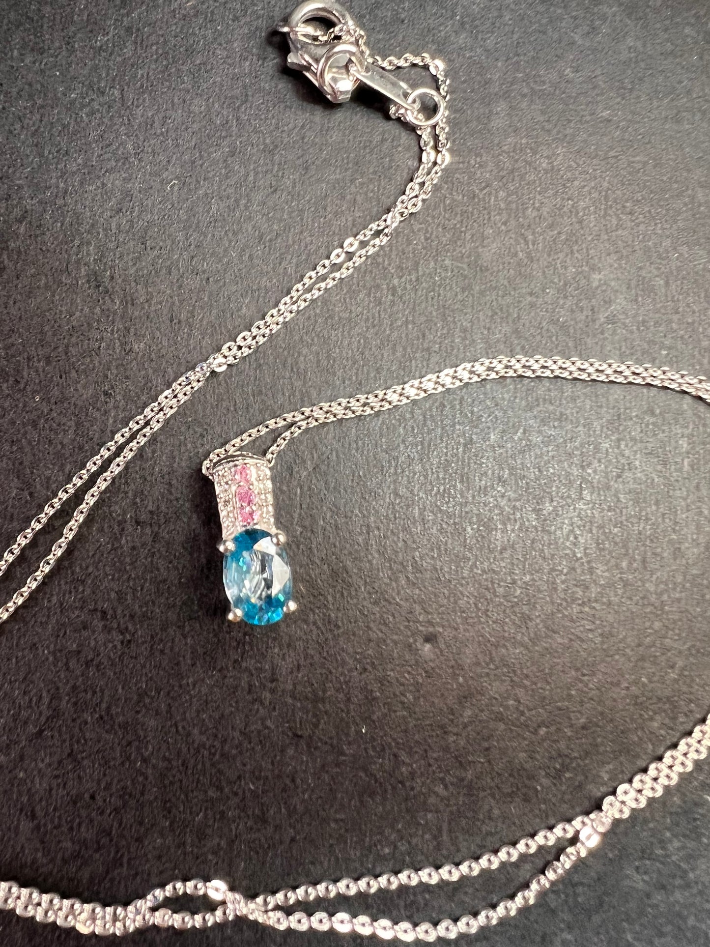 NEW Blue zircon and pink sapphire sterling silver pendant and chain