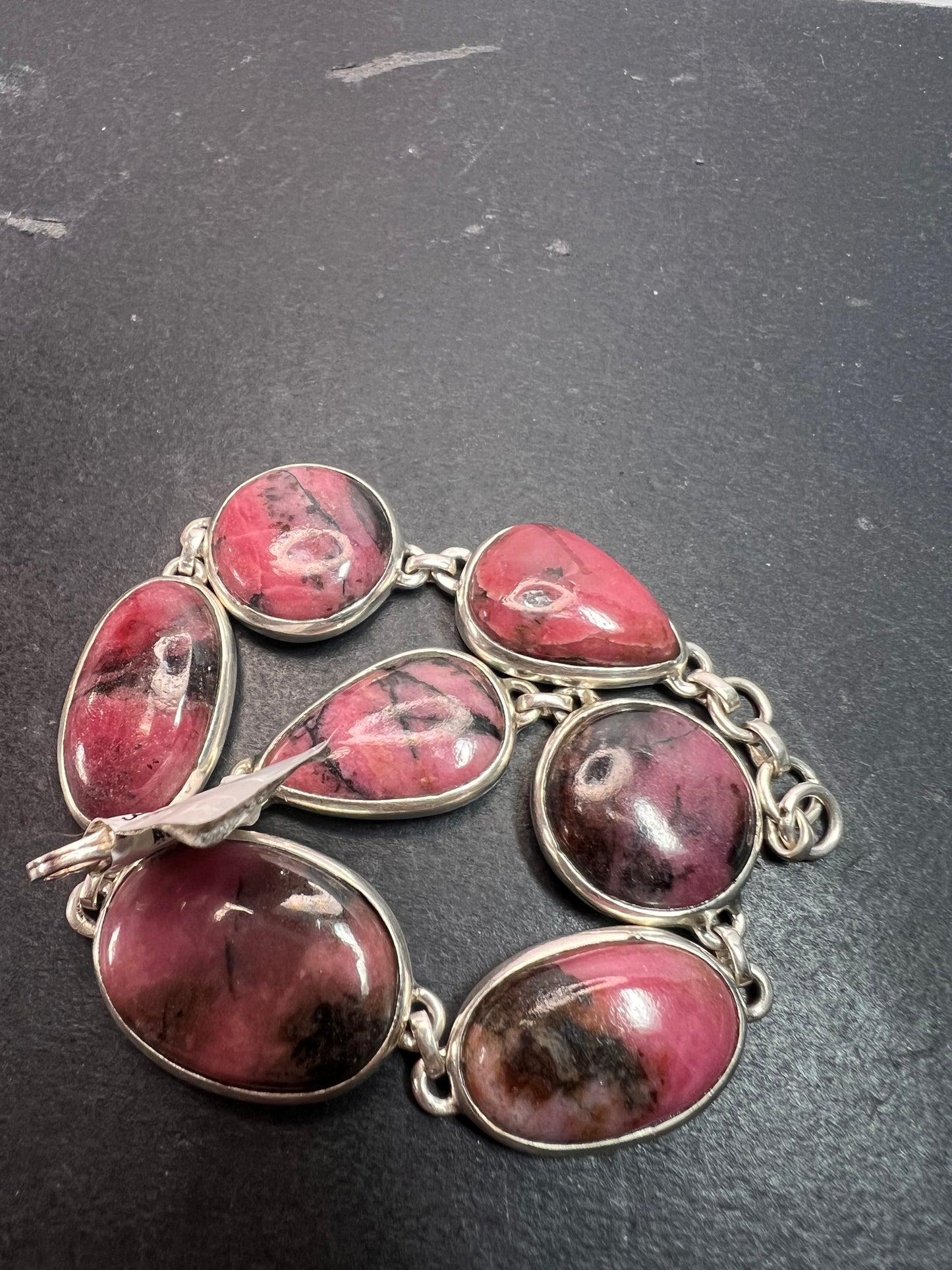 New Rhodonite free form sterling silver link bracelet 8-8.5 inch