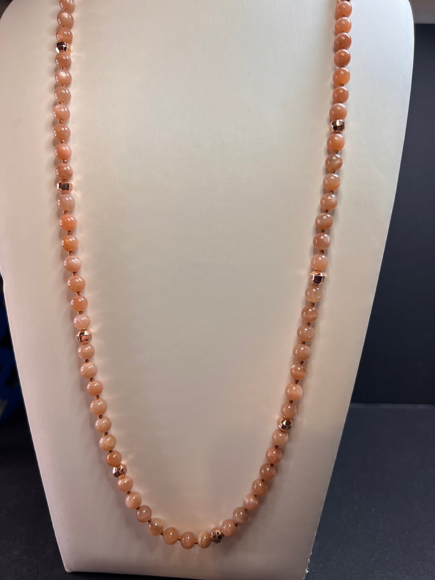 NEW Peach moonstone 30 inch knotted necklace with rose gold over bronze