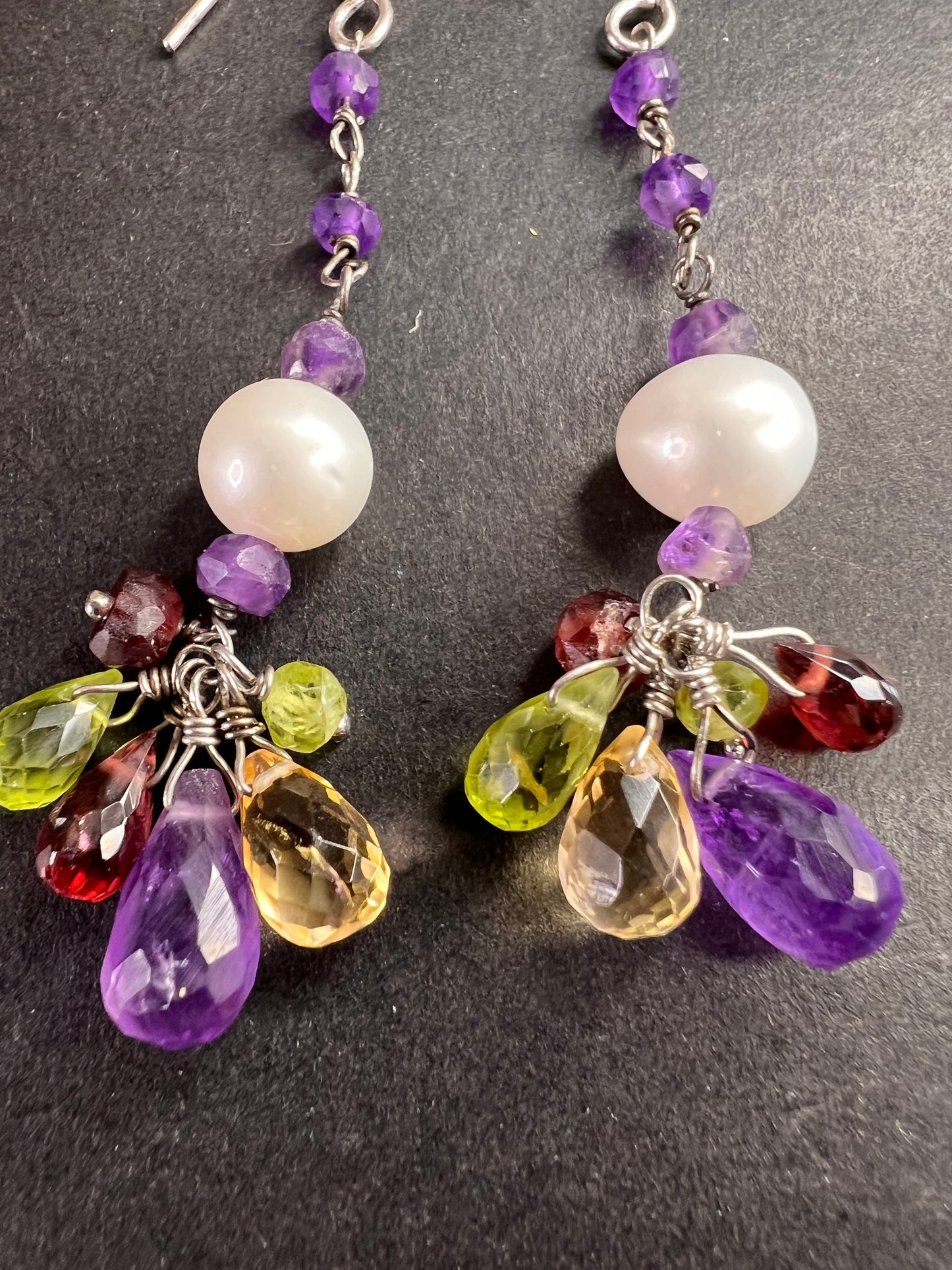 Multi gemstone cluster dangle earrings in sterling silver