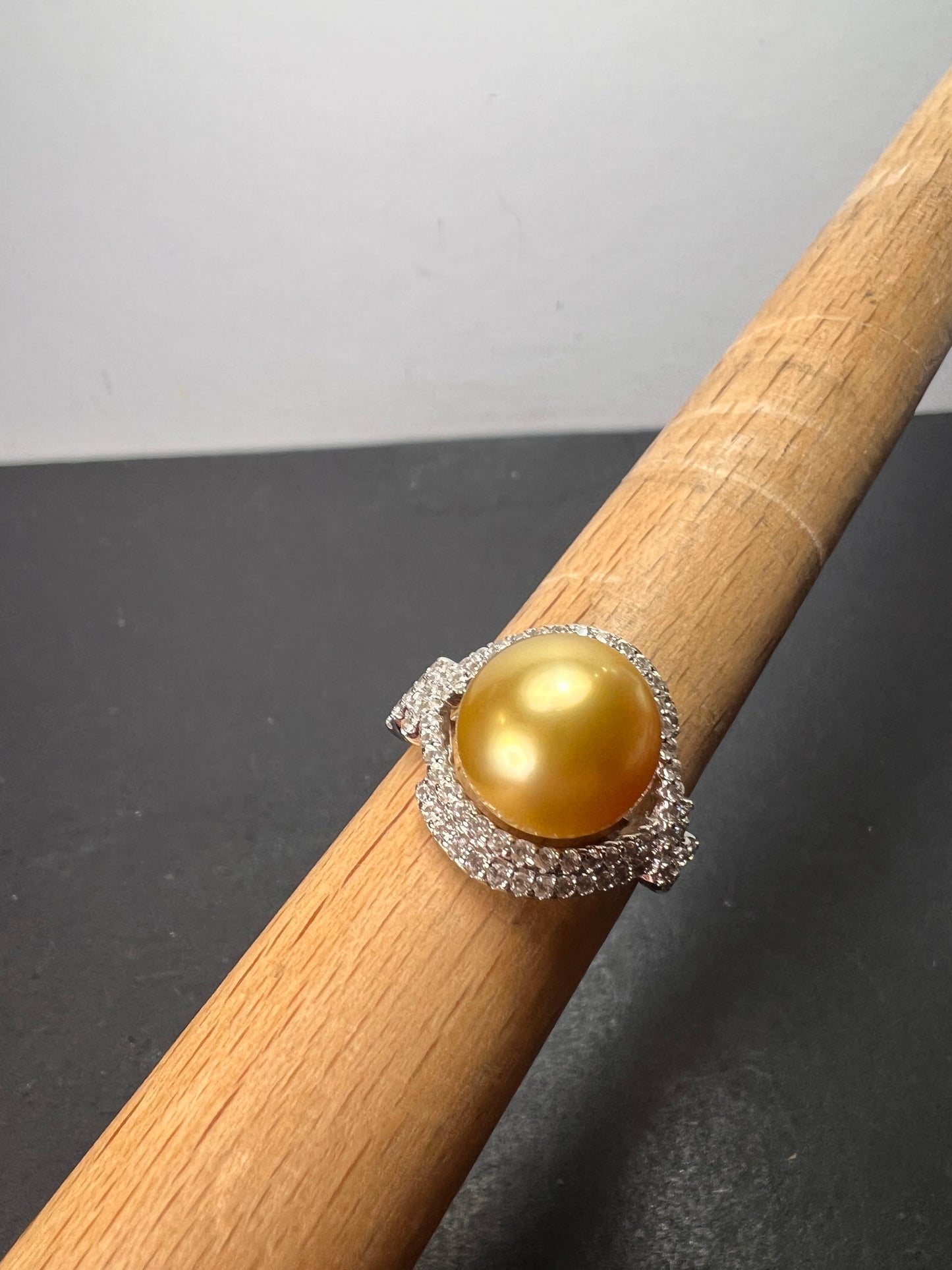 Natural Color Deep Gold 11mm Golden South Sea Cultured Pearl and Zircon ring in rhodium over Sterling silver size 9