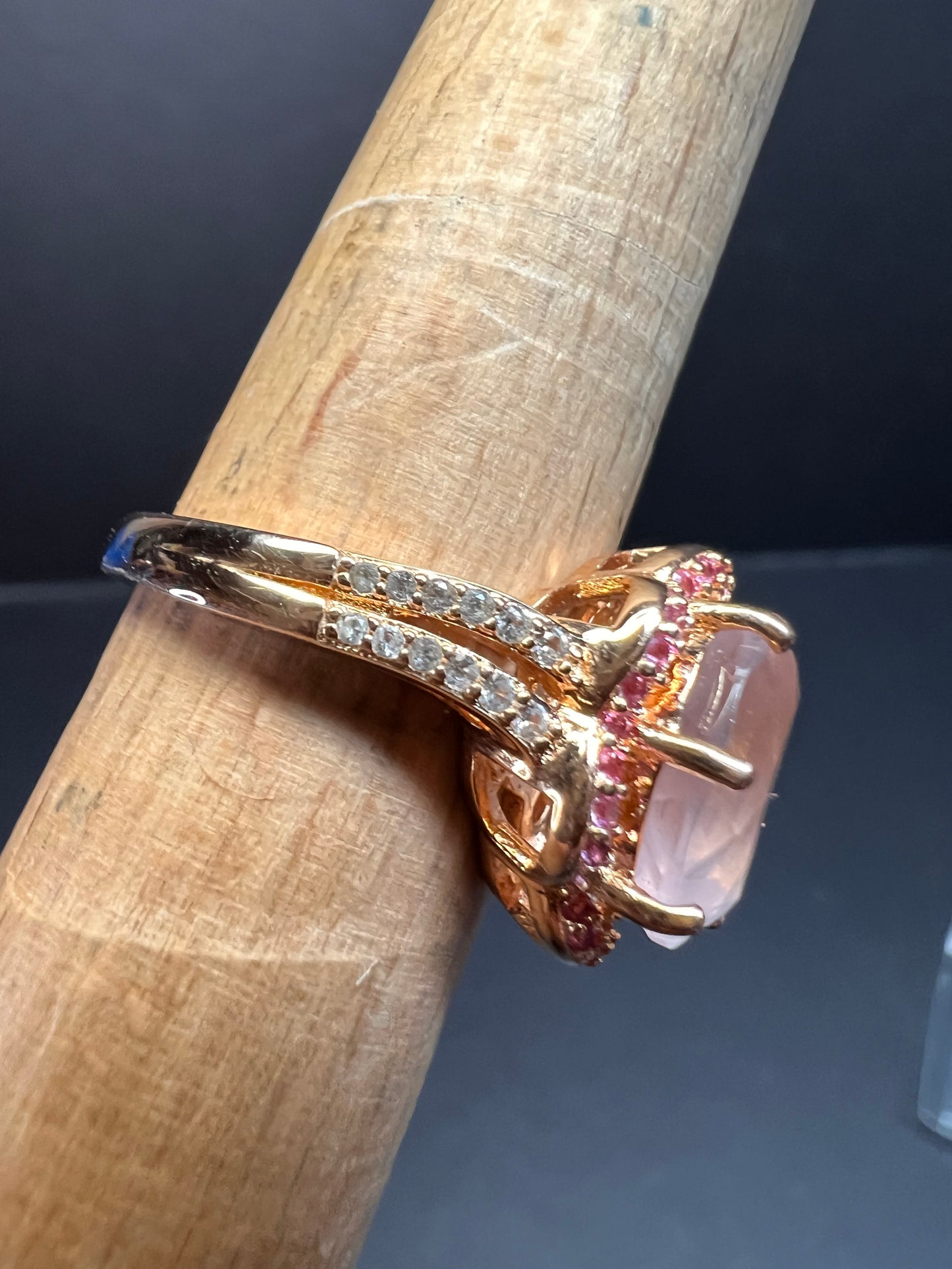 NEW Rose Quartz and lab pink sapphire rose gold over sterling silver ring size 8
