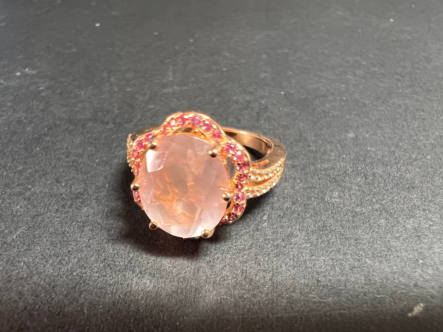 NEW Rose Quartz and lab pink sapphire rose gold over sterling silver ring size 8