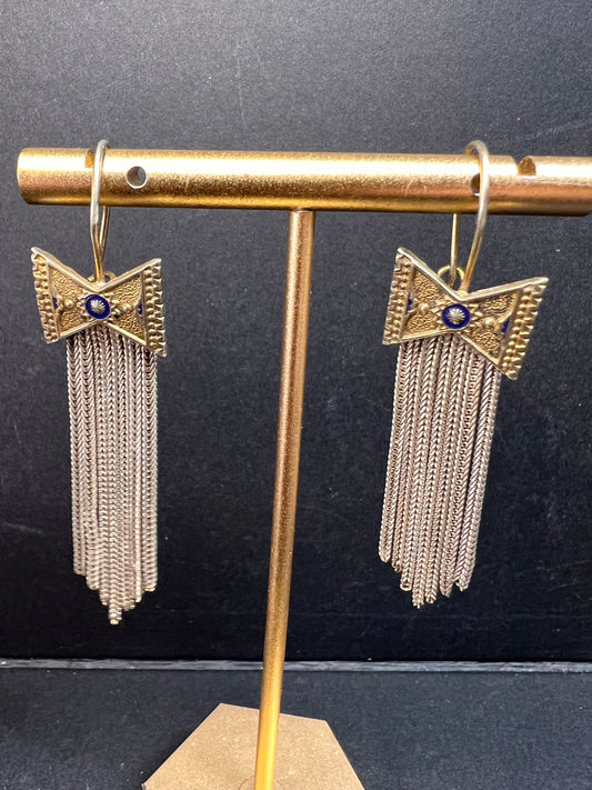 Vintage Turkish sterling silver foxtail fringe enamel bow earrings