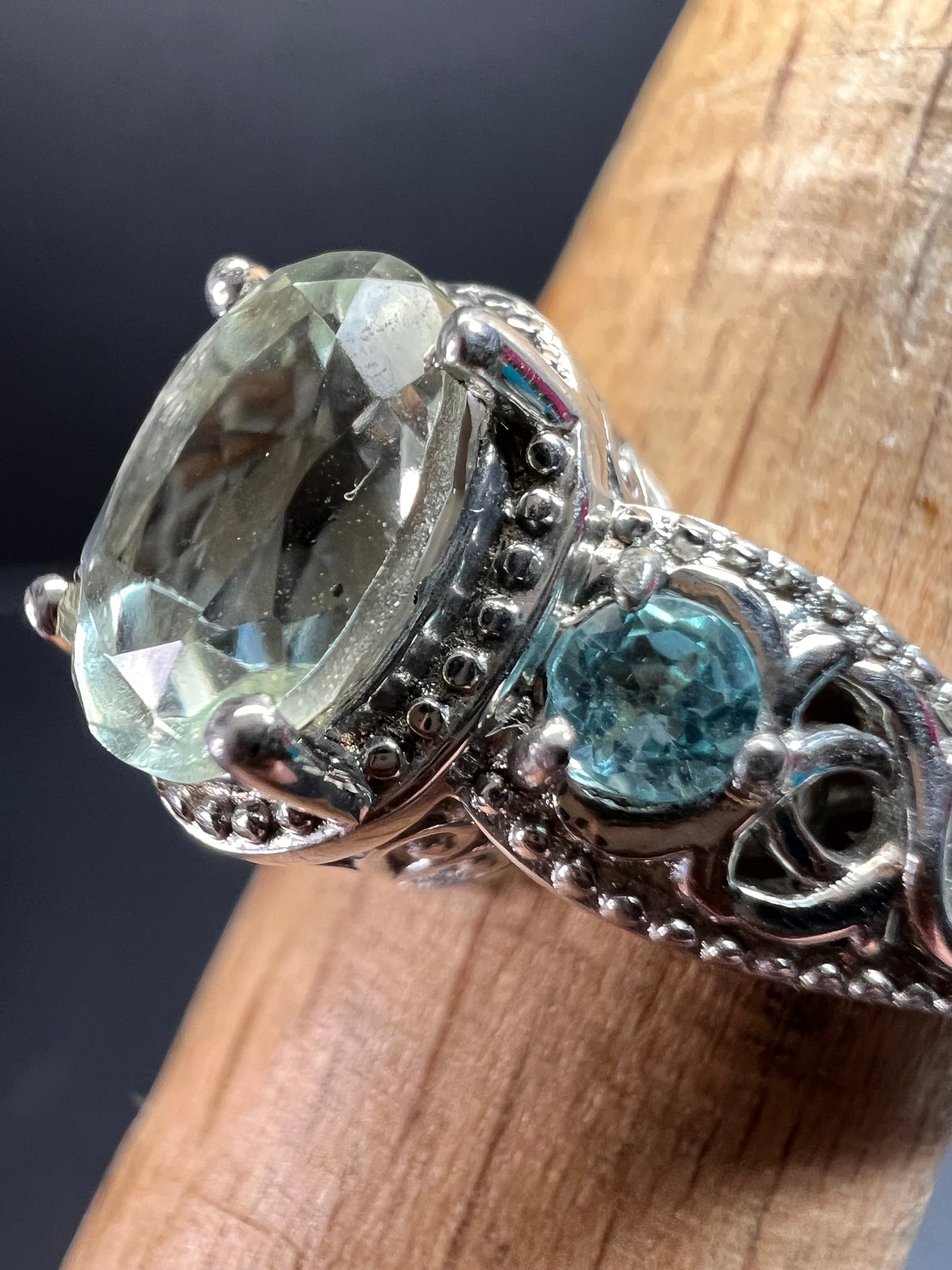 Prasiolite and apatite ring in platinum over copper size 8