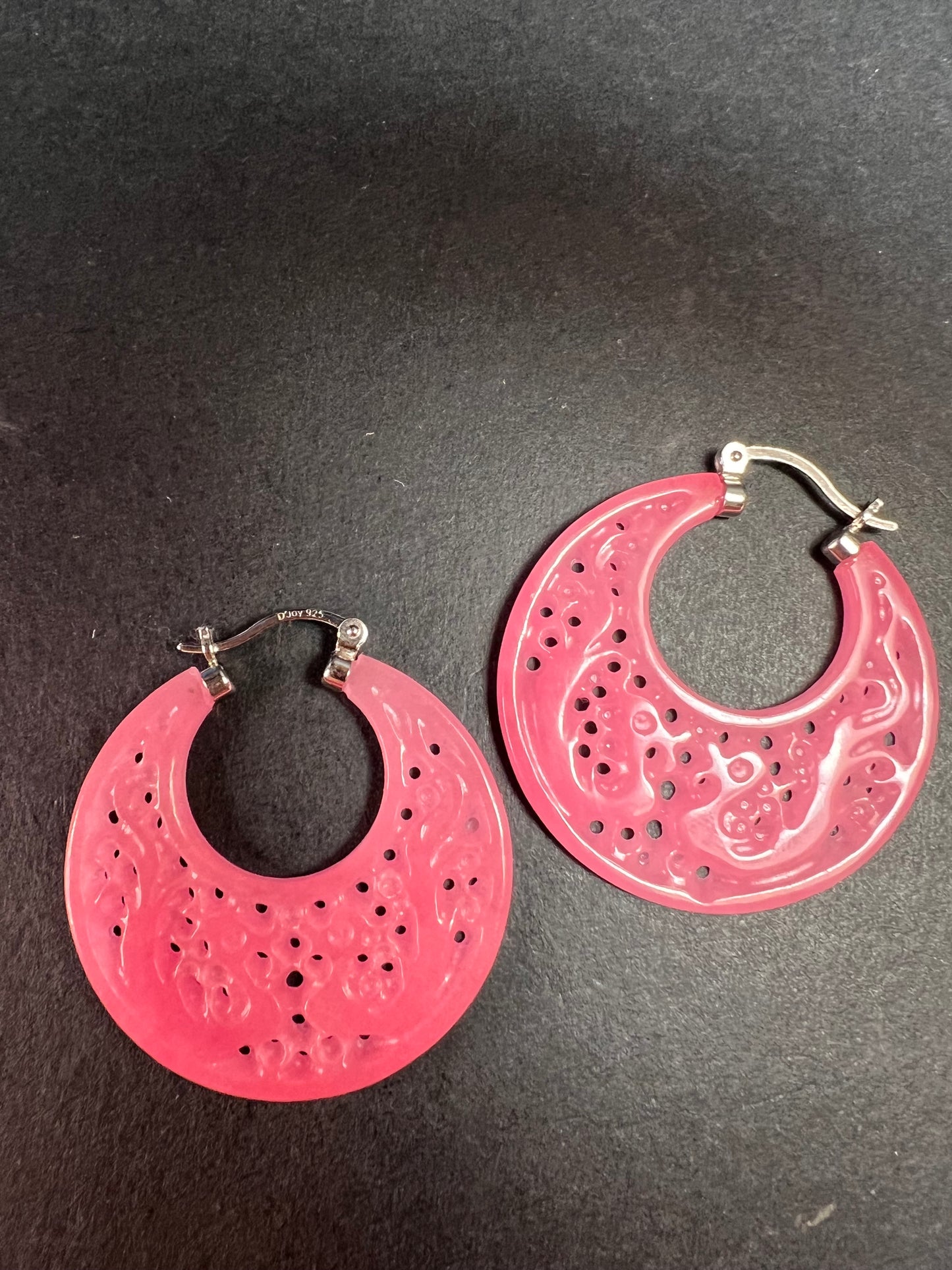 NEW pink jade carved dragon hoop earrings with sterling silver closures