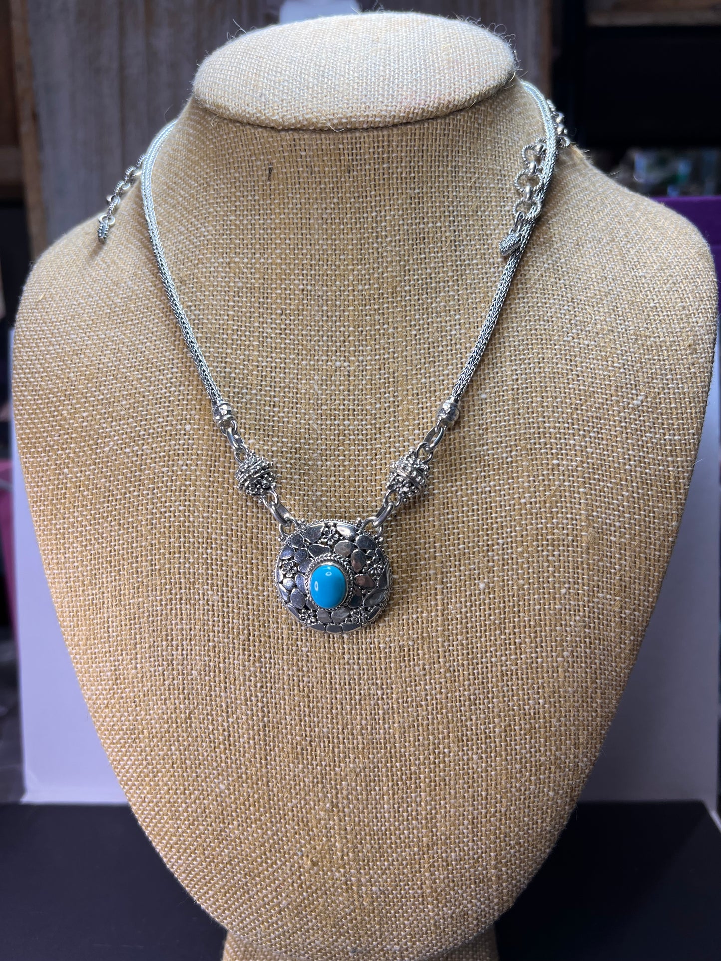 Sarda vintage turquoise Sterling silver Byzantine station 2 clasp adjustable necklace 16-25 inches