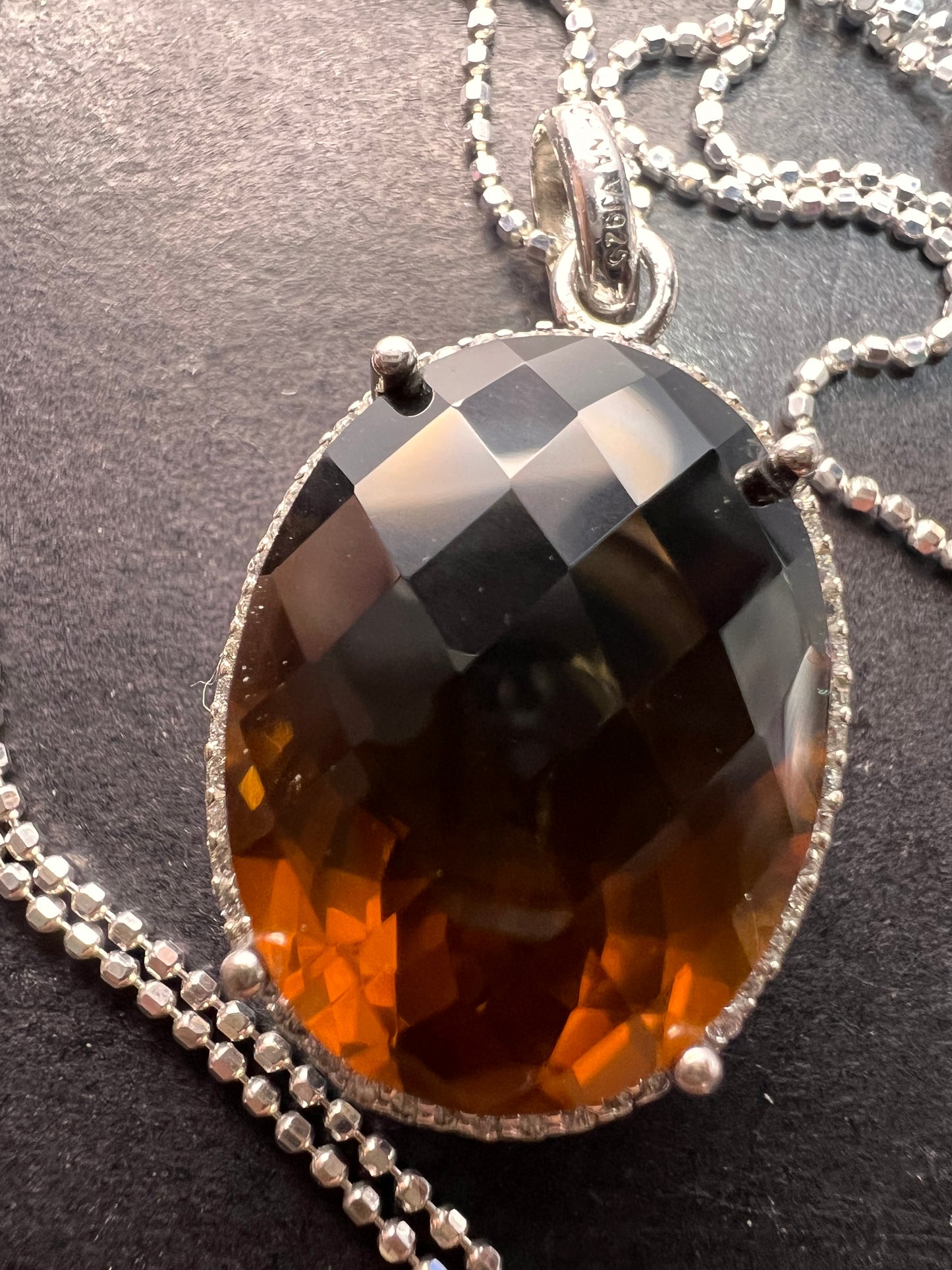 Cognac Quartz sterling silver halo pendant and chain