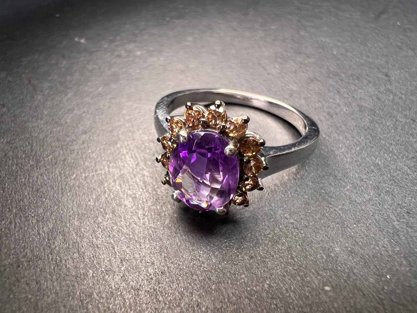 NEW Rose de France and brown zircon halo ring in platinum over sterling silver size 8