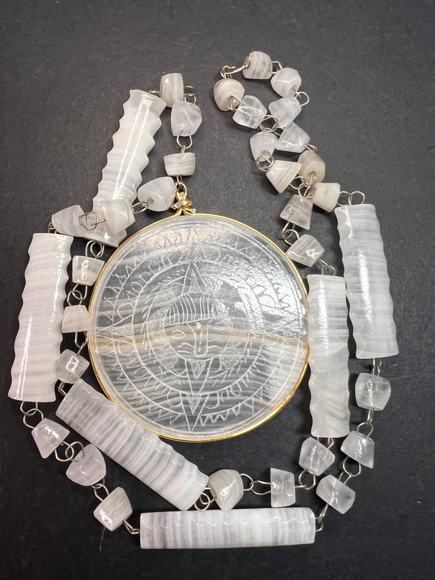 Vintage white onyx Aztec sundial 24 inch pendant necklace