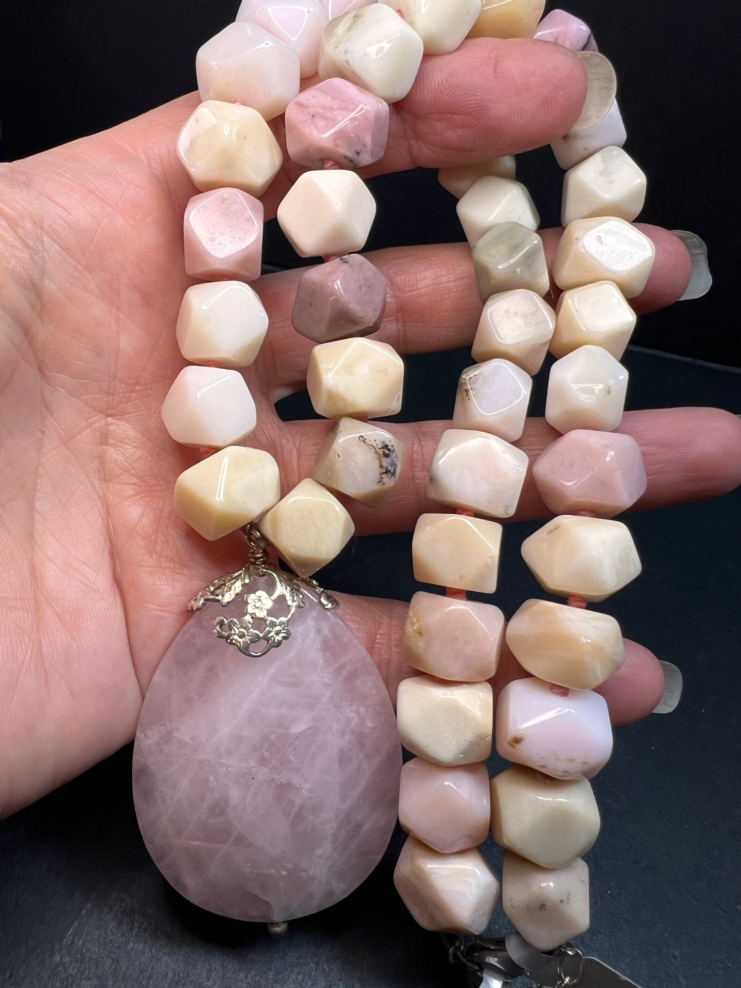 NEW pink opal and rose quartz Sterling silver necklace