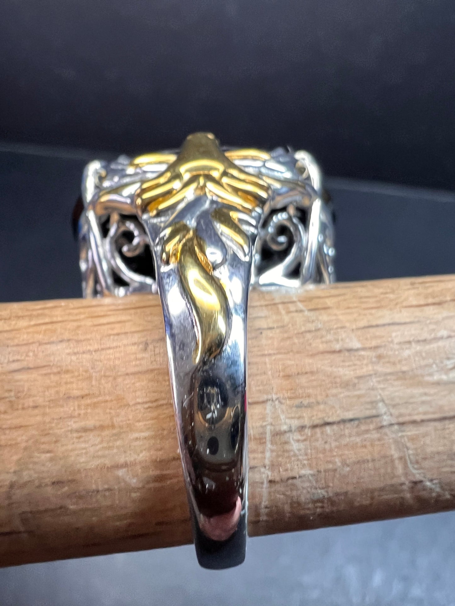 NEW Black spinel Phoenix ring in rhodium and gold vermeil over sterling silver size 7