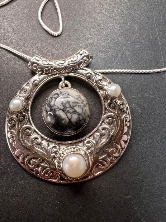 NEW Pinolith Jasper and pearl 925 sterling silver necklace