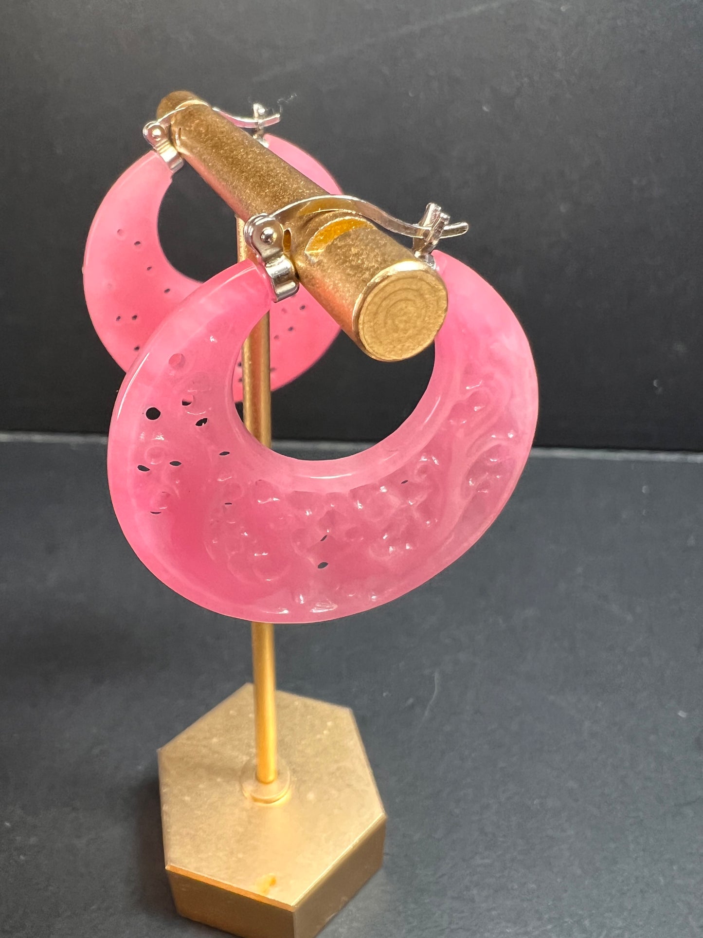 NEW pink jade carved dragon hoop earrings with sterling silver closures