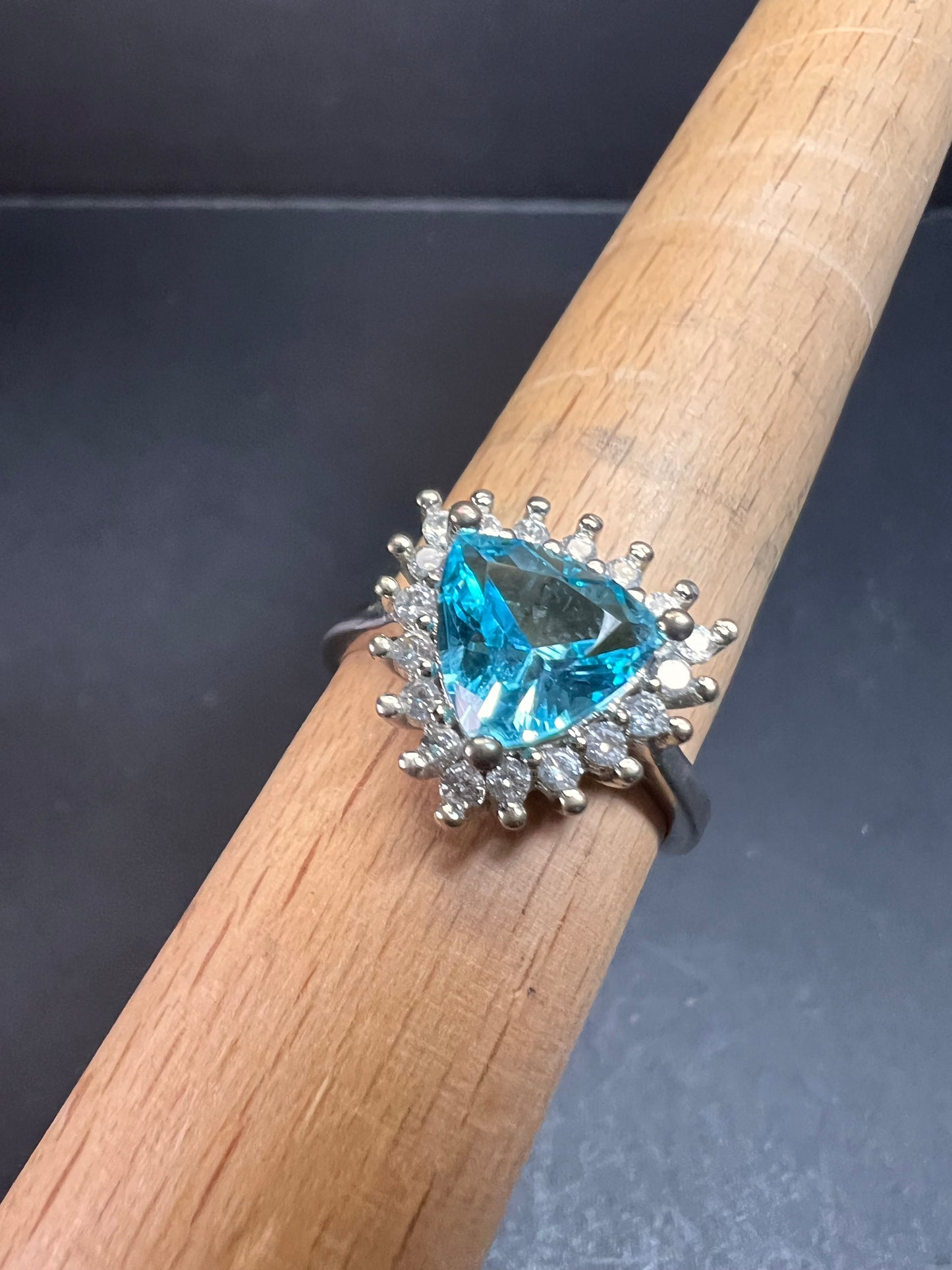 Sky blue trillium CZ halo sterling silver ring size 9