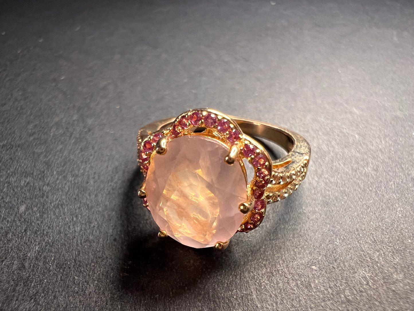 NEW Rose Quartz and lab pink sapphire rose gold over sterling silver ring size 8