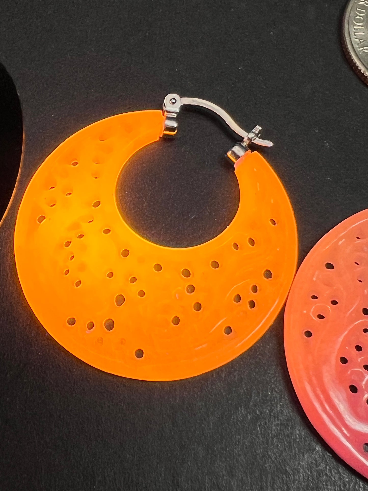 NEW pink jade carved dragon hoop earrings with sterling silver closures