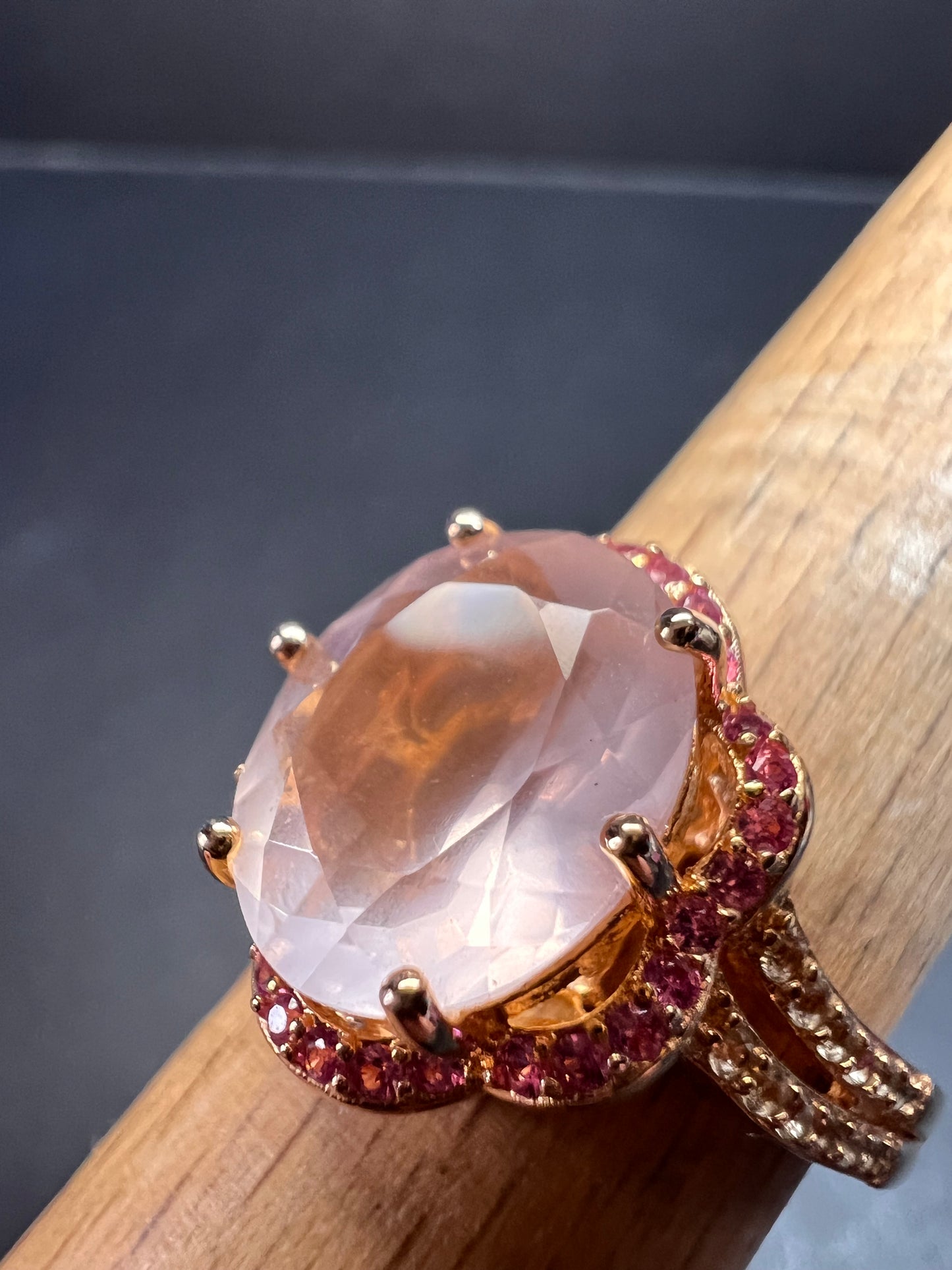 NEW Rose Quartz and lab pink sapphire rose gold over sterling silver ring size 8