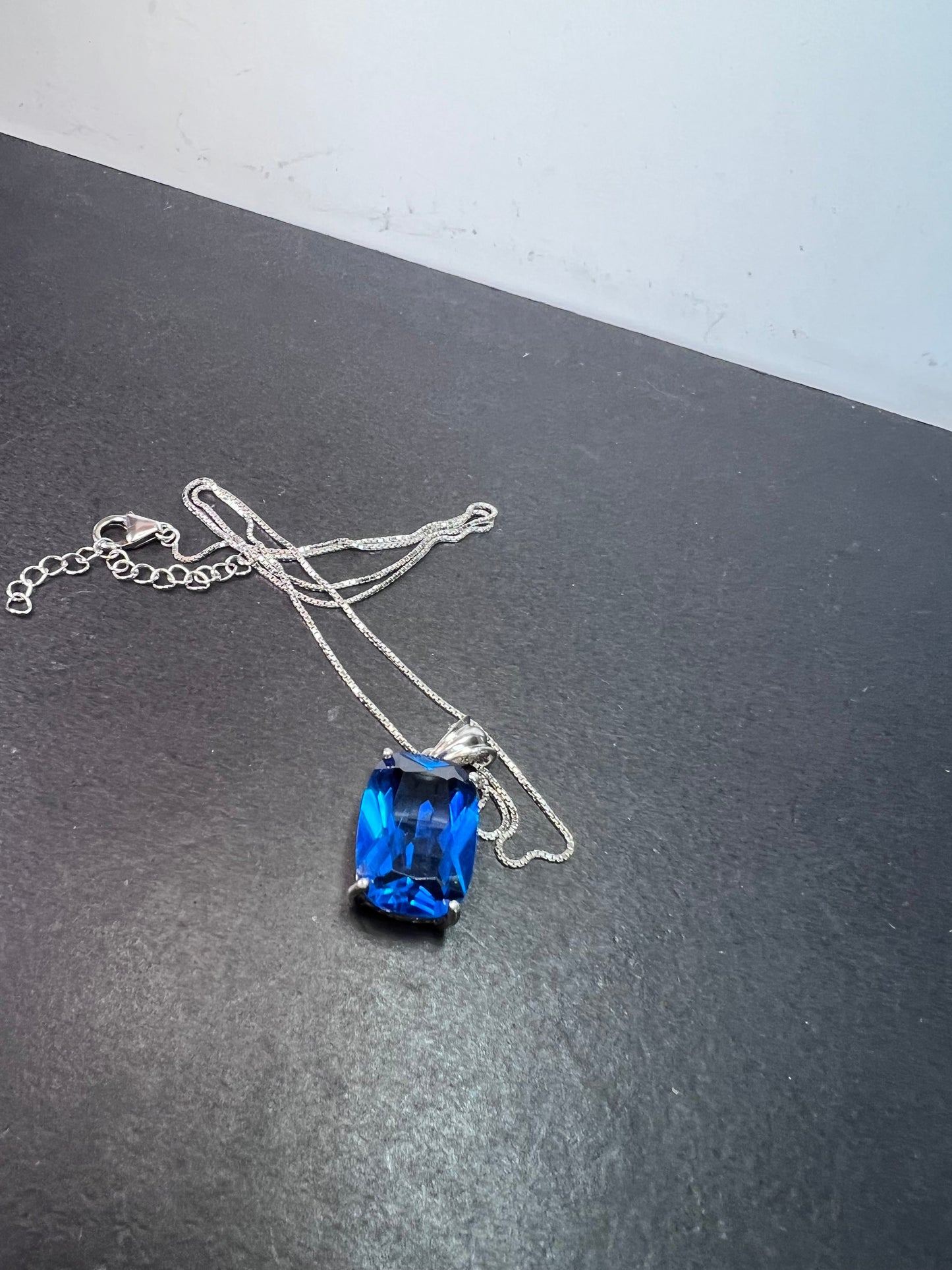 Blue lab spinel sterling silver pendant and 18 inch chain necklace