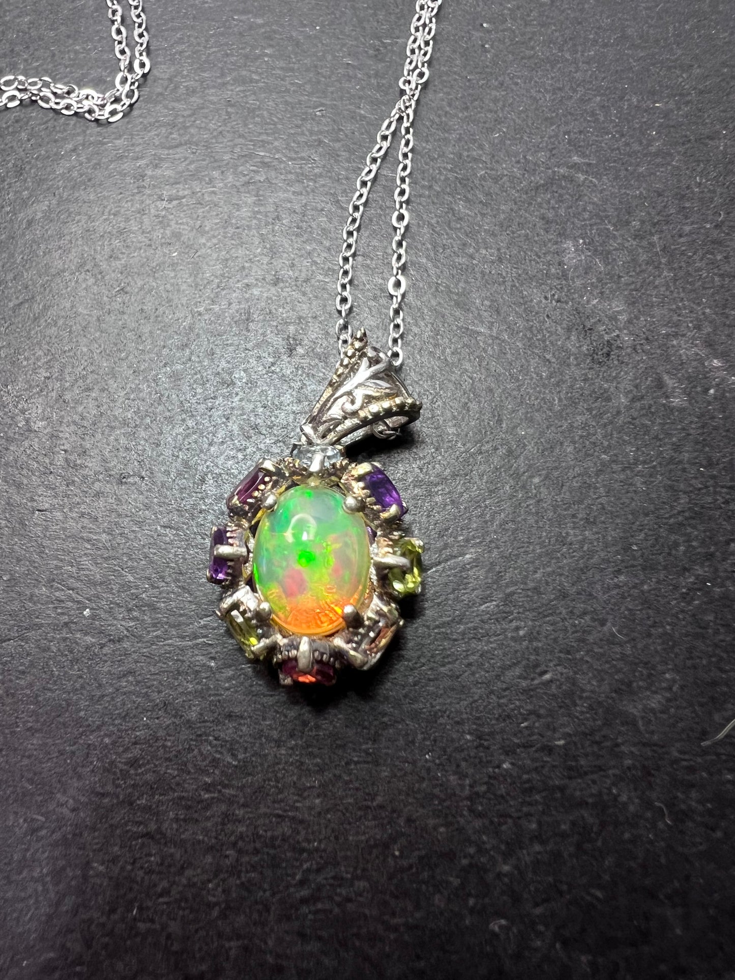 Ethiopian opal multi stone sterling silver halo pendant necklace