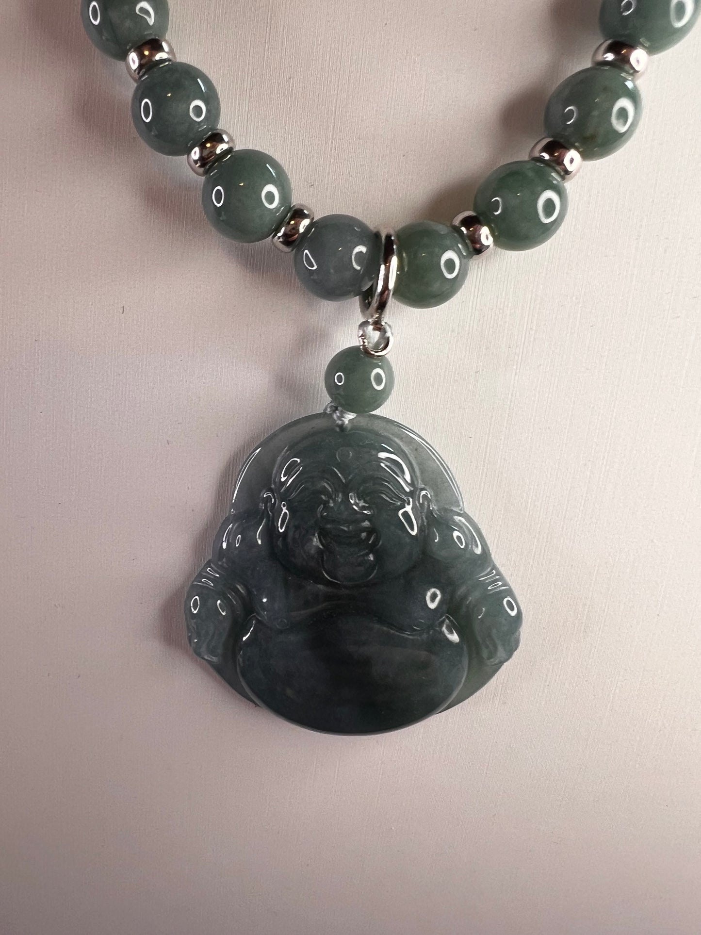 NEW Olmec Jadeite carved Buddha necklace in sterling silver