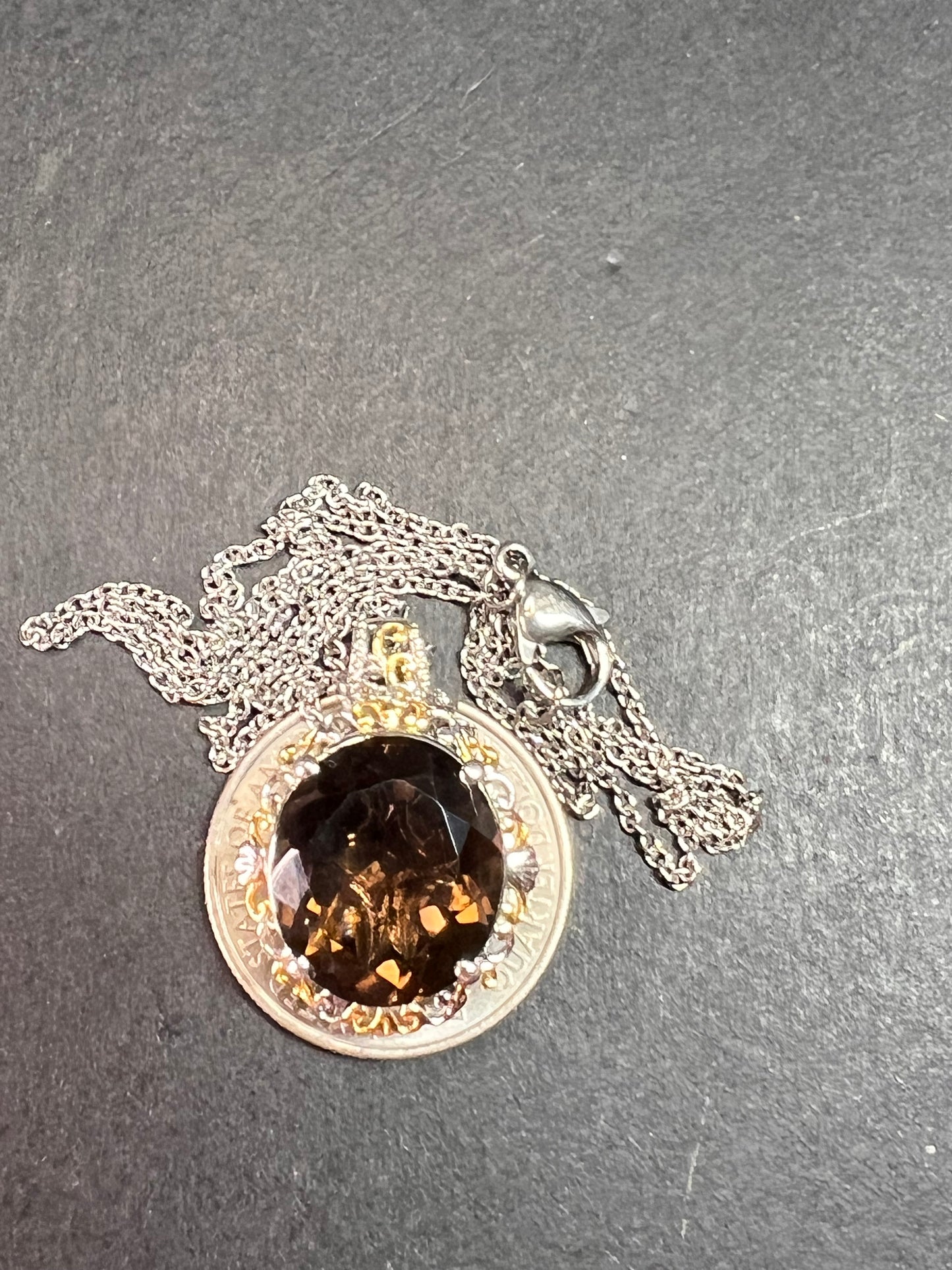 NEW Smoky Quartz pendant necklace in platinum and YG over brass and stainless steel 20 inches