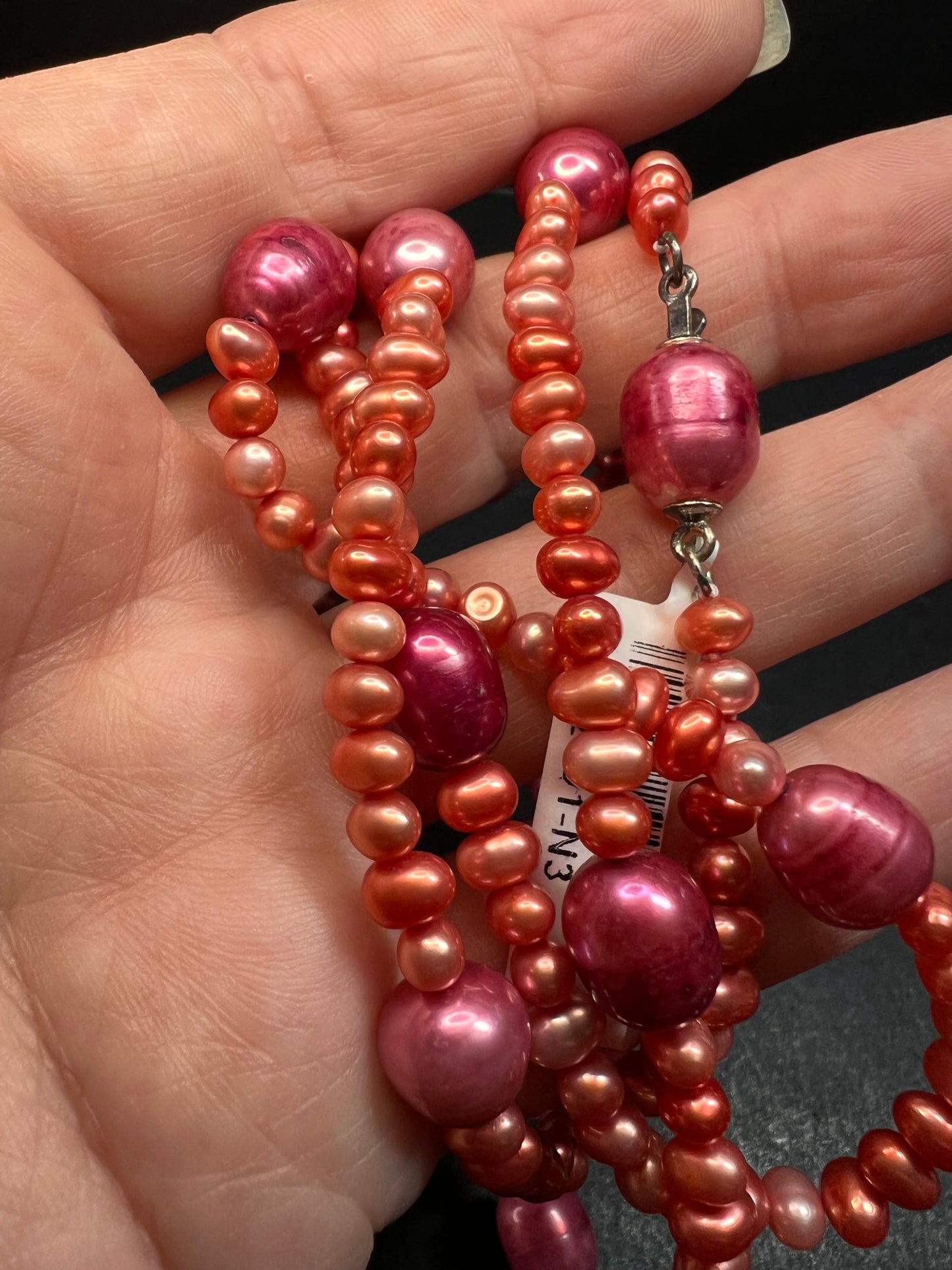 NEW coral and magenta colored freshwater pearl 36 inch station necklace with sterling silver clasp