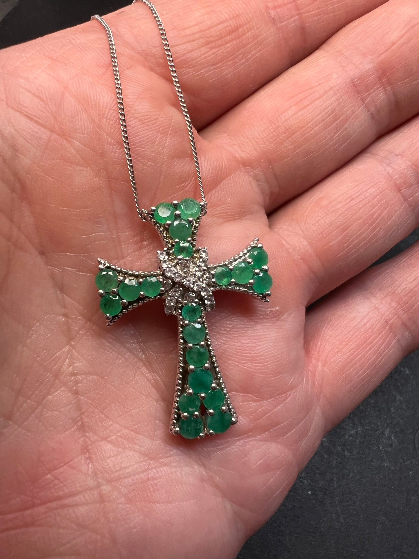 Emerald and zircon sterling silver cross pendant with 20 inch chain
