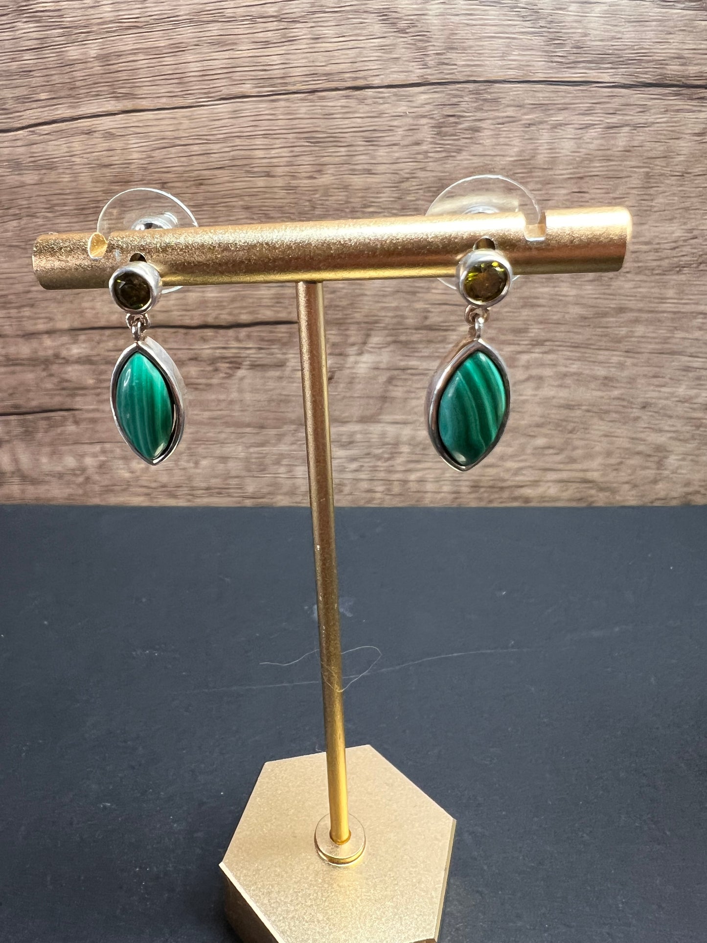 Malachite and olive CZ sterling silver marquise drop earrings