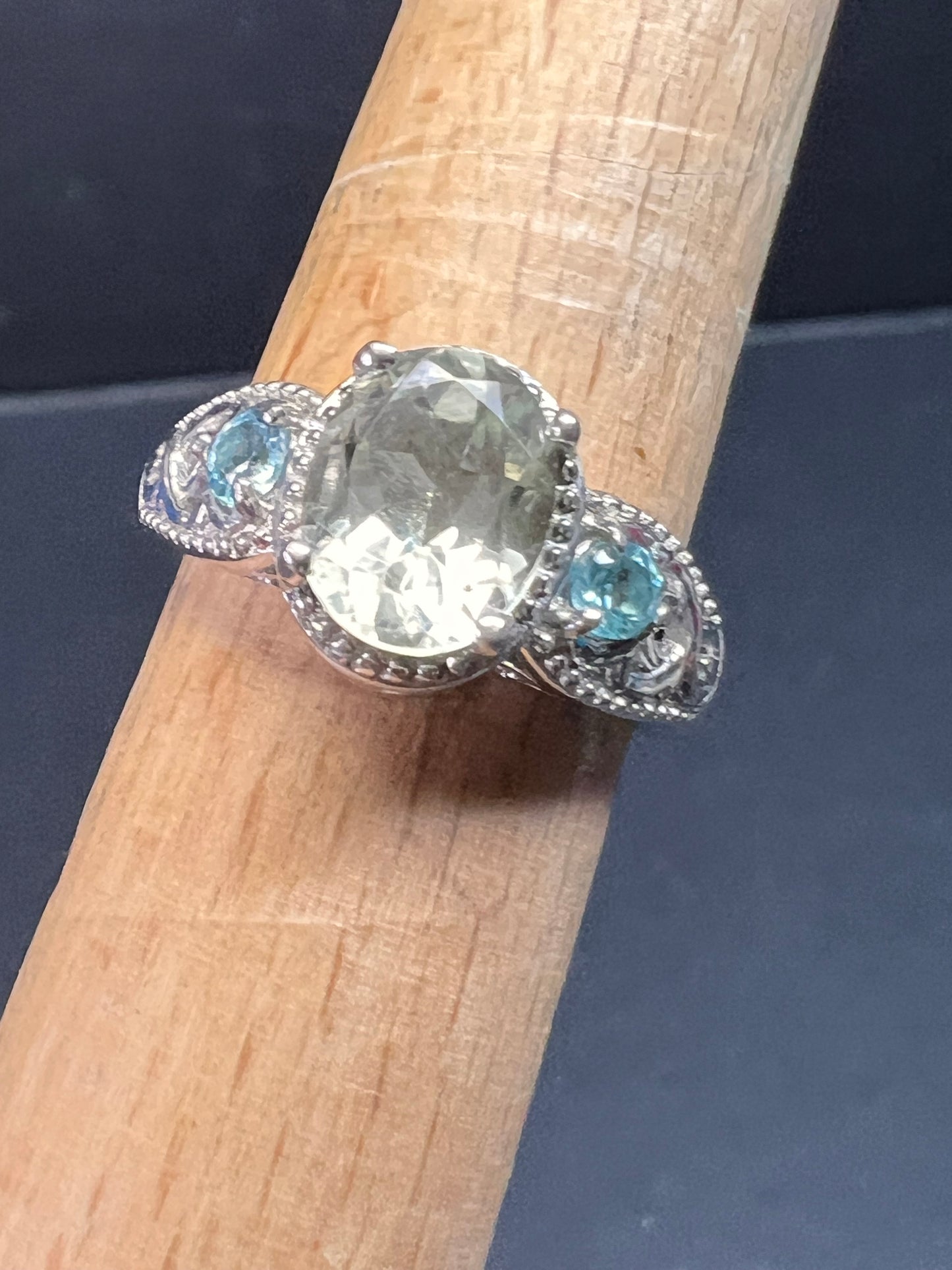 Prasiolite and apatite ring in platinum over copper size 8