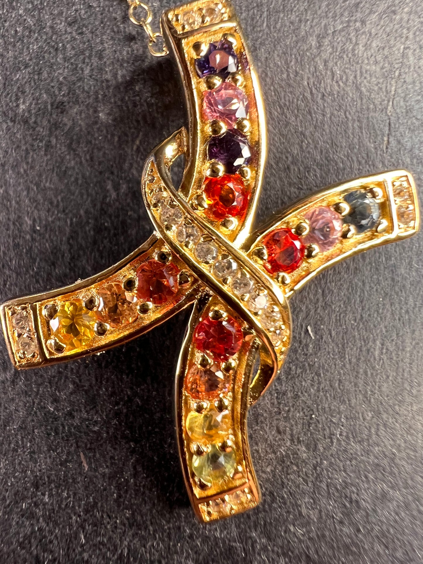 NEW Rainbow sapphire curved cross pendant and chain in gold vermeil over sterling silver
