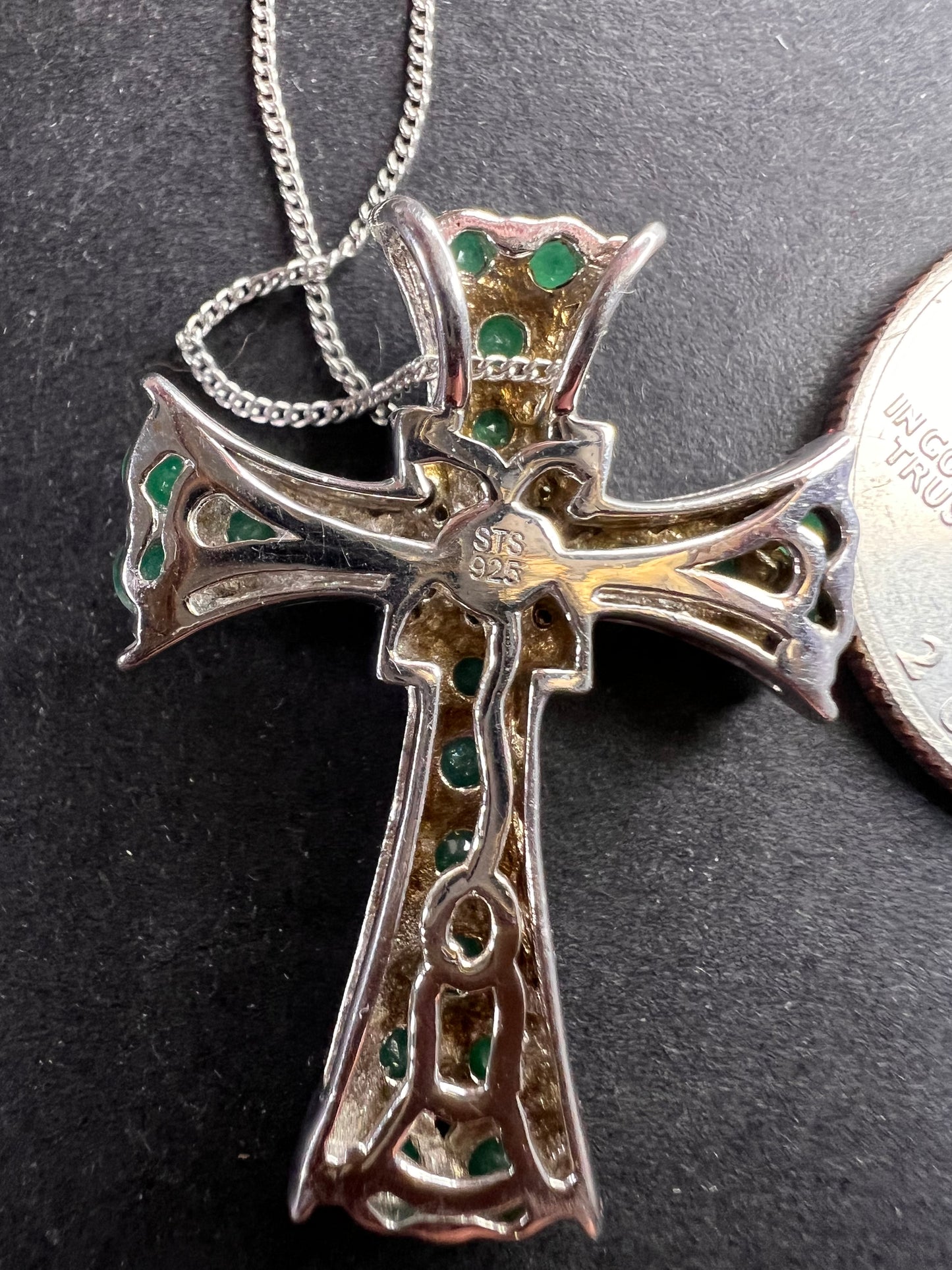 Emerald and zircon sterling silver cross pendant with 20 inch chain