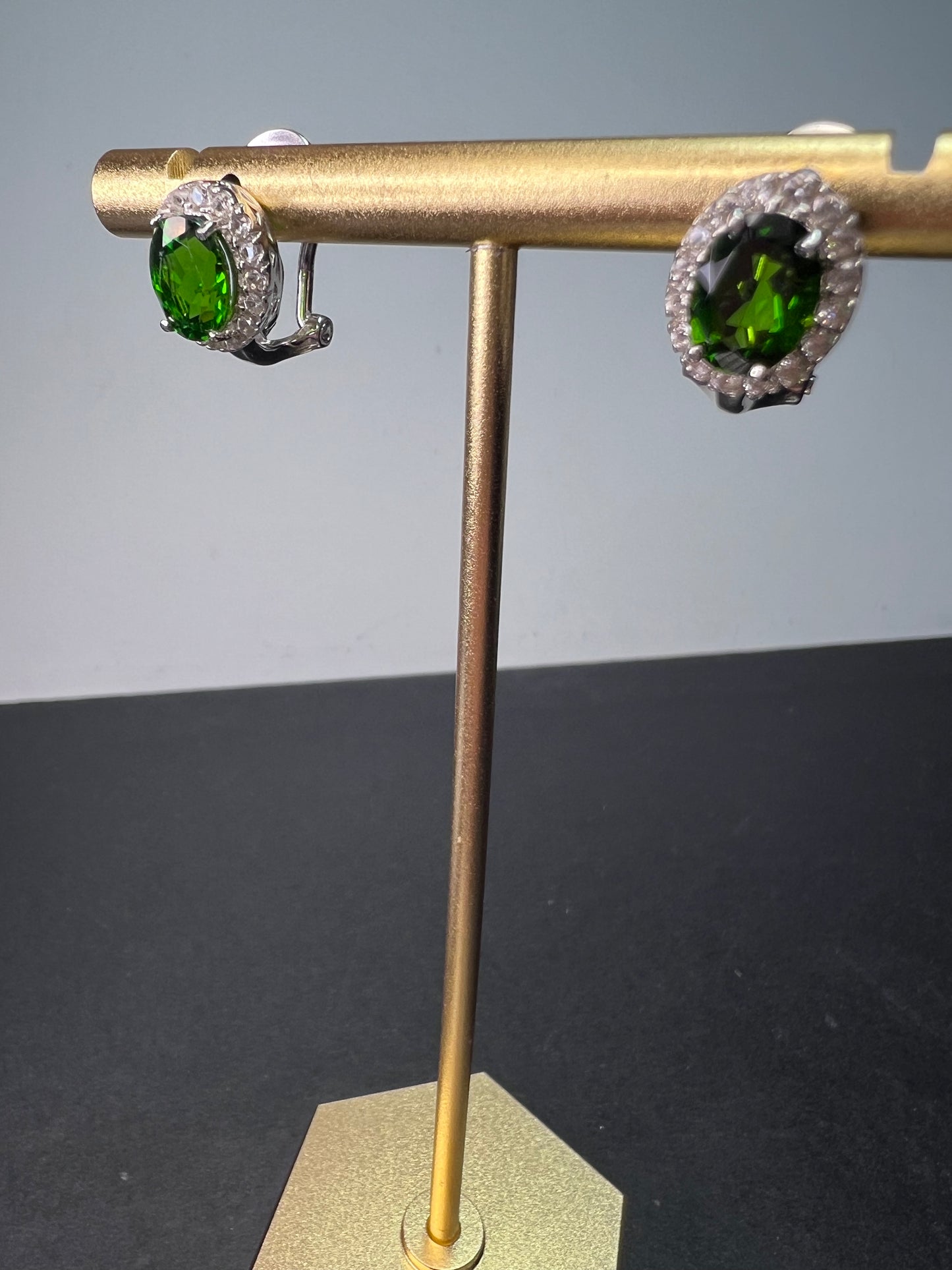 Russian chrome diopside sterling silver halo earrings