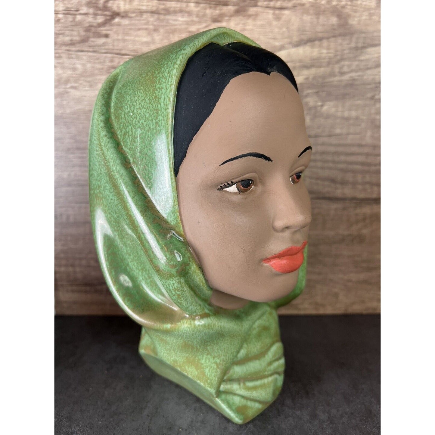 Vintage Female Head Bust Hand Painted Chalk Ware Green Head Scarf Ceramic
