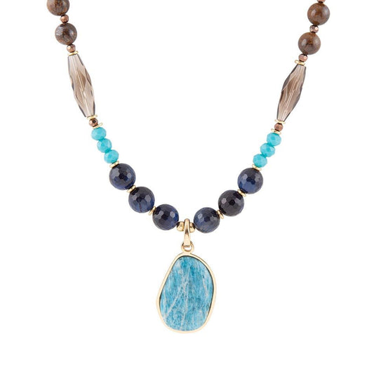 Barse Argo Blue Apatite and Brown Tiger's Eye Golden Pendant Necklace