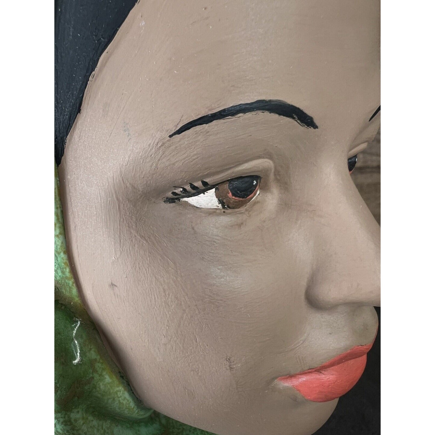 Vintage Female Head Bust Hand Painted Chalk Ware Green Head Scarf Ceramic