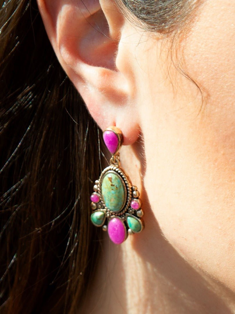 Barse Barcelona Blue Turquoise and Pink Agate Golden Drop Earrings