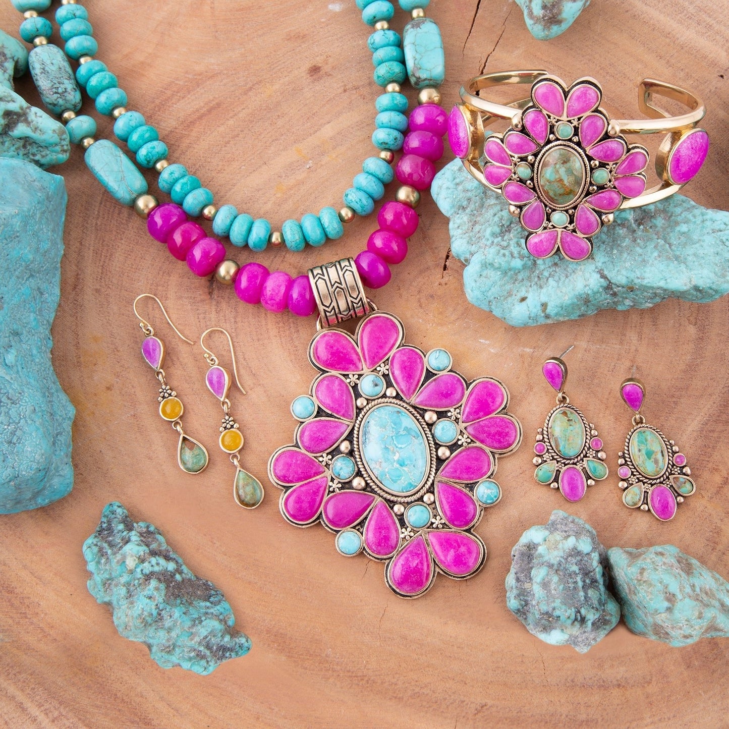 Barse Barcelona Pink Agate and Blue Turquoise Statement Cuff Bracelet