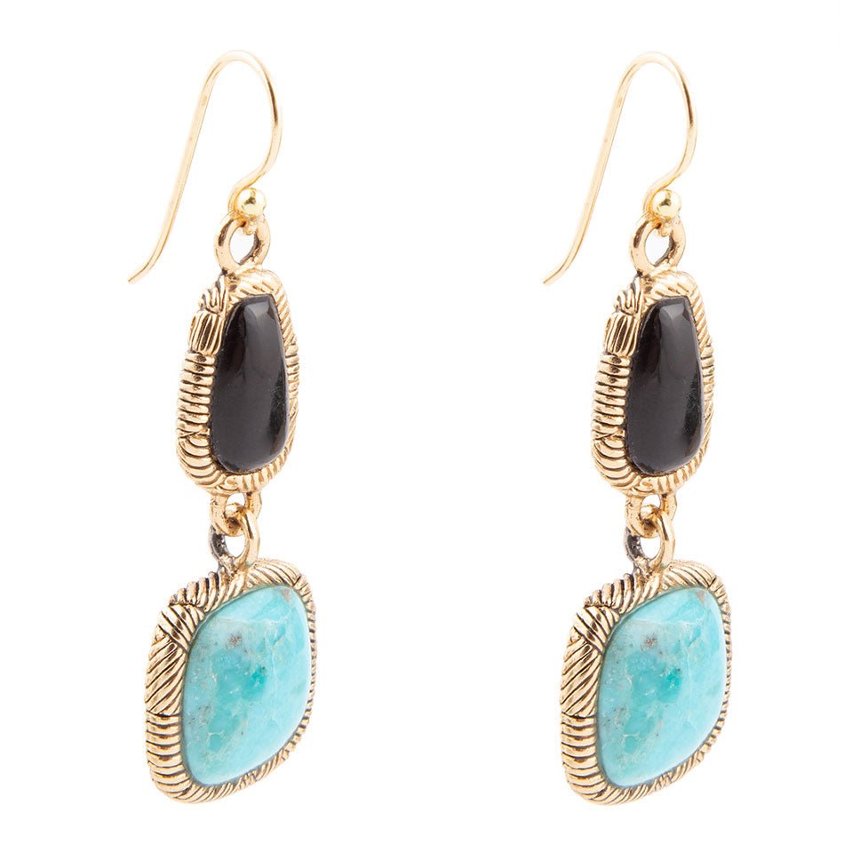 Barse Black Onyx and Blue turquoise Golden Bronze Drop Earrings