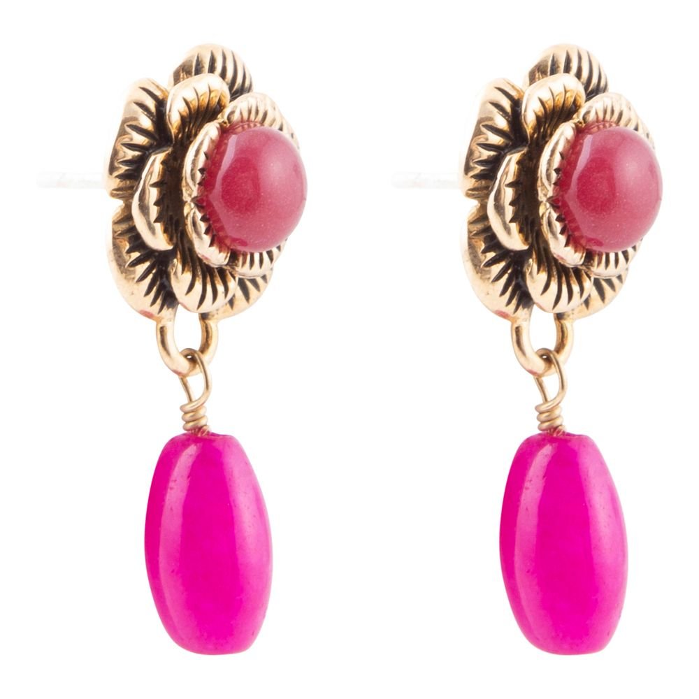 Barse Blooming Pink Agate Post Golden Earrings