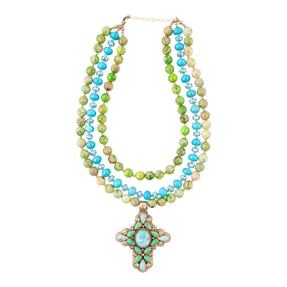 Barse Legacy Lime Green and Blue Turquoise Golden Cross Pendant Statement Necklace