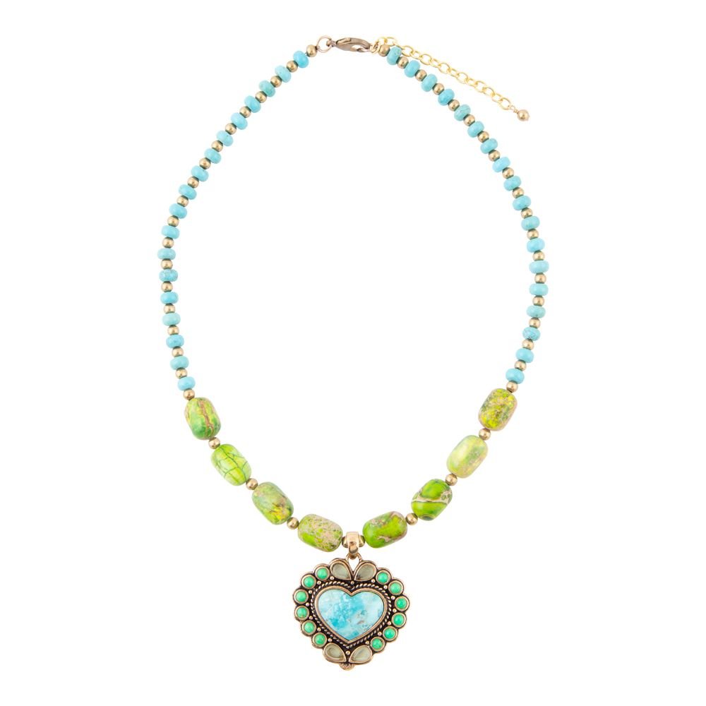Barse Legacy Heart Lime Green and Blue Turquoise Golden Pendant Necklace