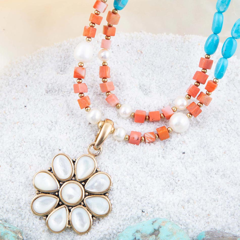 Blue and White Hibiscus Mother of Pearl Pendant and Necklace