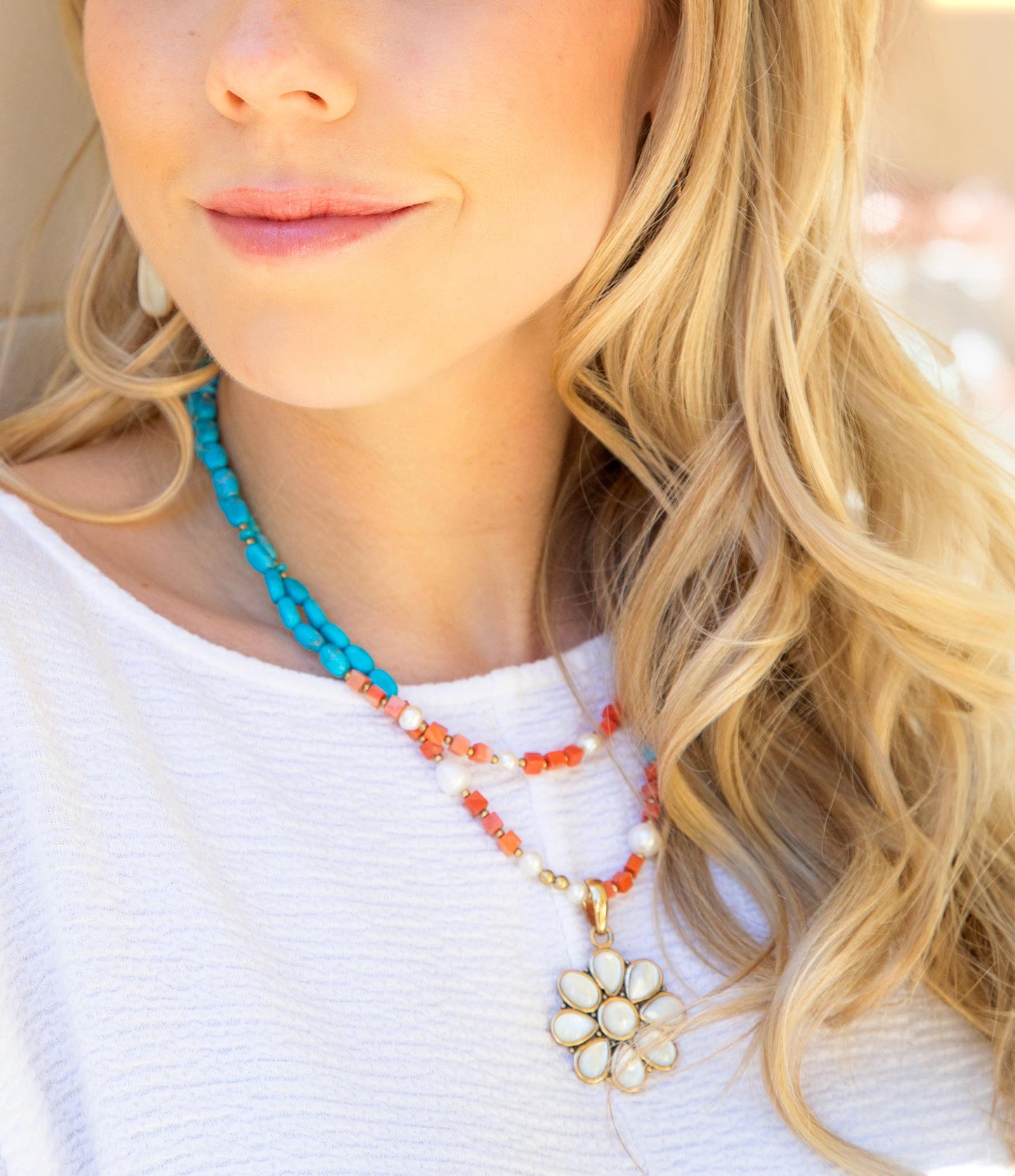 Blue and White Hibiscus Mother of Pearl Pendant and Necklace