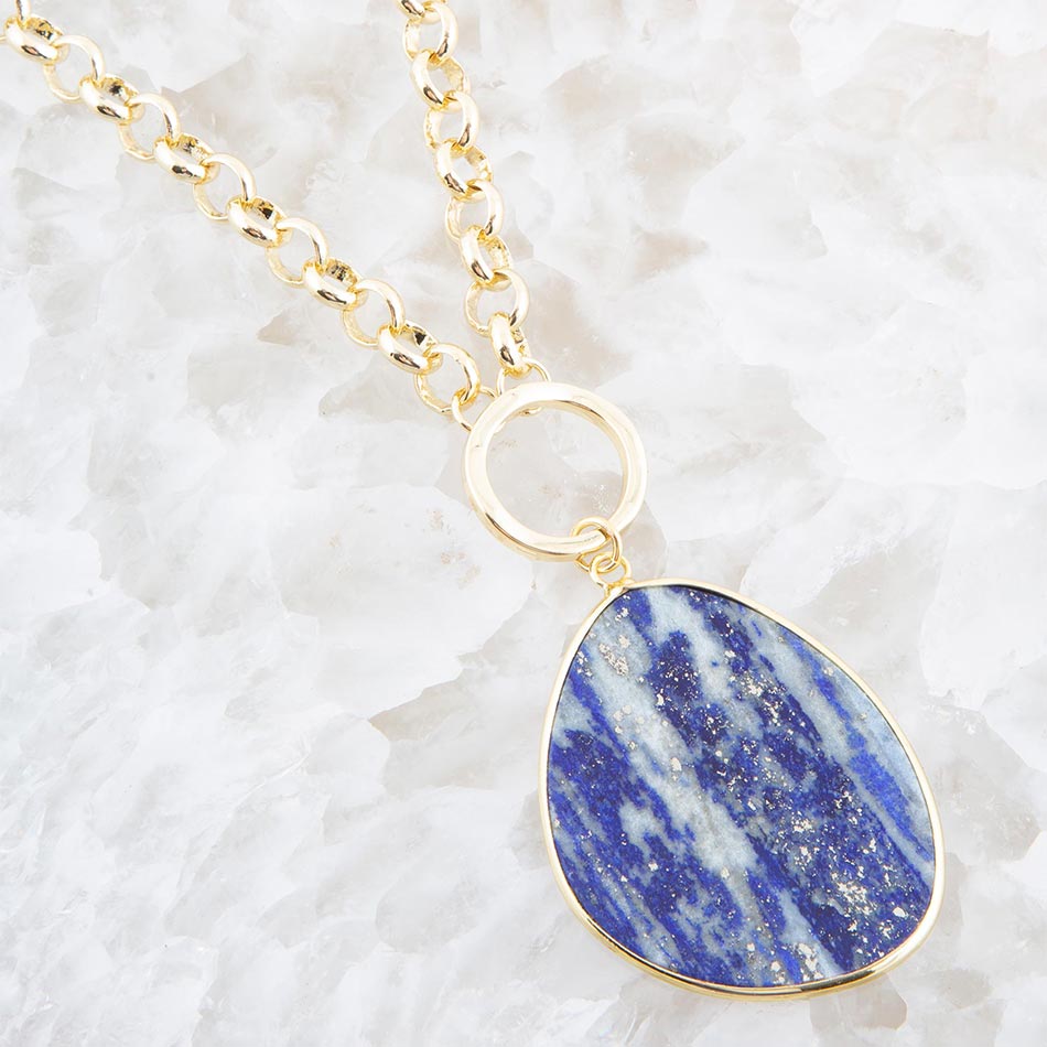 Barse Blue Lapis Slab Pendant Golden Necklace